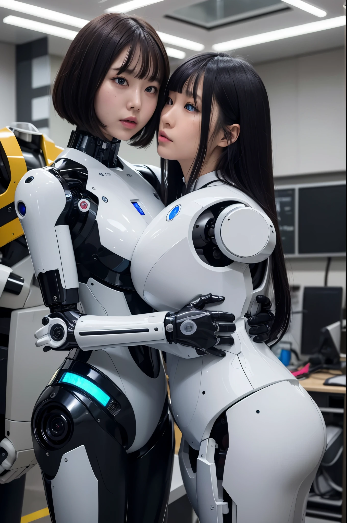 masterpiece, best quality, extremely detailed, Japaese android girls,two individuals,Plump , hug,kiss,control panels,android,Droid,Mechanical Hand, Robot arms and legs, Black hair,Blunt bangs,perfect robot girl,long tube,thick cable connected her neck,android,robot,humanoid,cyborg,japanese cyborg girl ,robot-assembly plant,She is assembled now,assembly scene,chest monitor,blue eyes