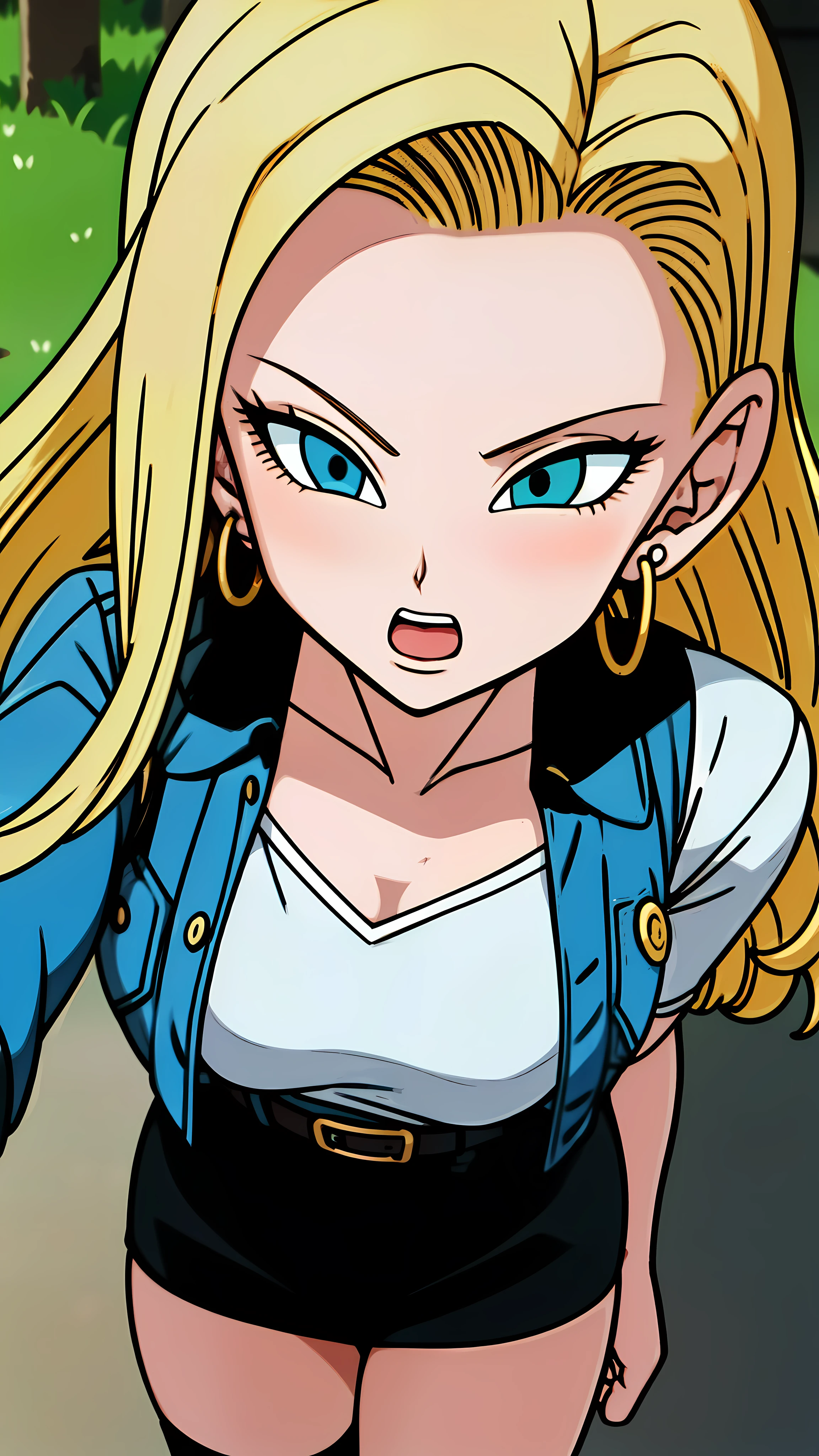 1 girl, alone, flowing hair, gold earrings, (jean jacket:1.2), (black vest:1.1), (long shirt:1.1), (Striped sleeves:1.2), Brown belt, black stockings, flowing hair, medium breasts, posture, (blue denim skirt:1.2), ultra high definition, masterpiece, precise, textured skin, Super details, high detail, high quality, best quality, high resolution,outdoor,sky,open mouth,