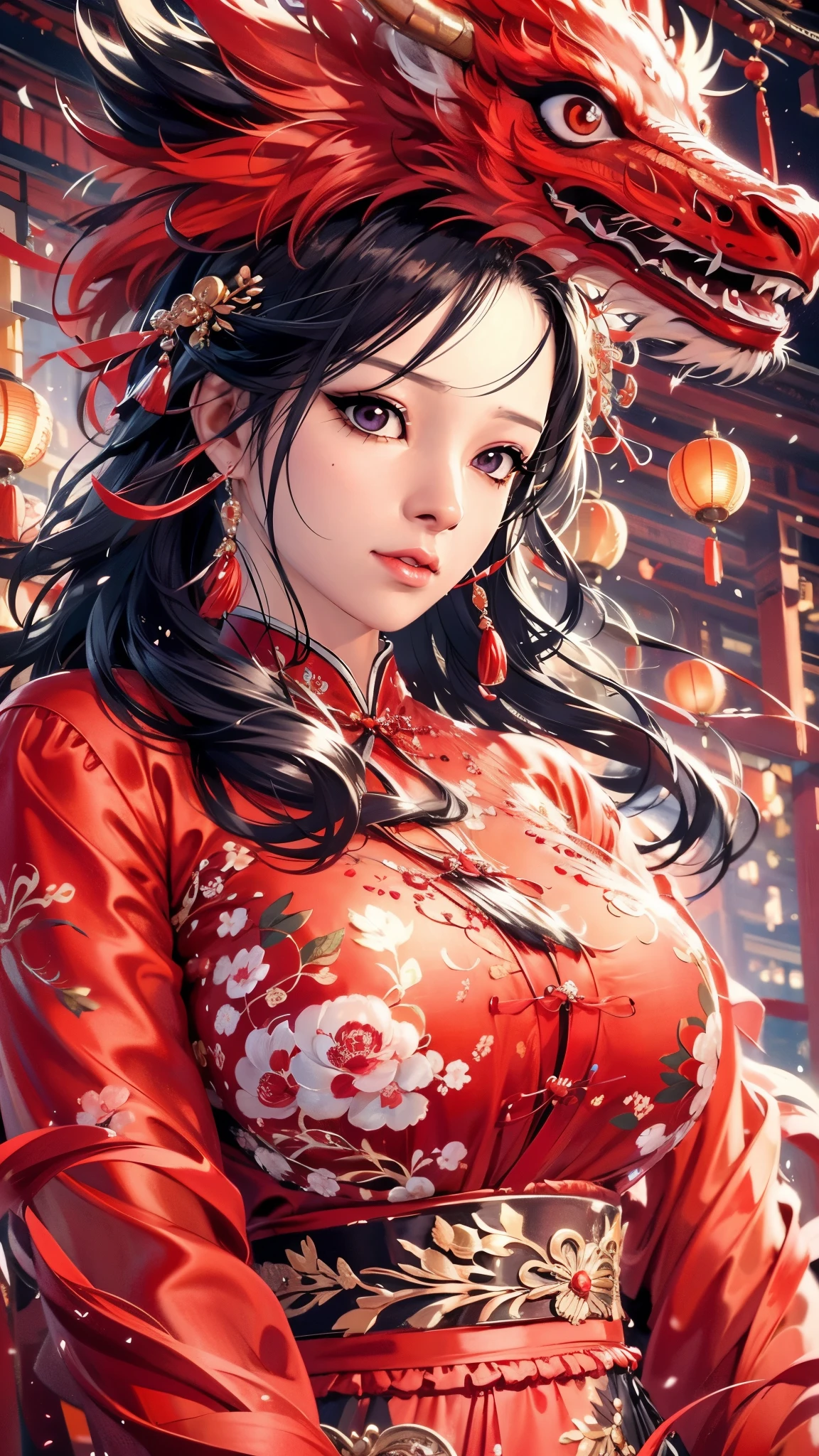 （（（完美figure，figure，red hanfu，Winter Hanfu，Chinese clothes,red clothes，red background,dragon，(Chinese fabric:1.2), hanfu， Dragon and girl，dragon帽兜，xuer lion head,Dragon，long hair，black hair，hair accessories，Chinese clothing，lantern，Oriental Dragon,（（（ailisha，Brown pupils，1girl，solo，long black hair，Exposing bangs ））），（（（wide hips））），S型figure:1.7））），((masterpiece)),high resolution, ((Best quality at best))，masterpiece，quality，Best quality，（（（ Exquisite facial features，looking at the audience,There is light in the eyes，blush，shy，Happy，laughing out loud））），（（（Light and shadow interlace，huge ））），（（（looking into camera，坐在dragon上）））