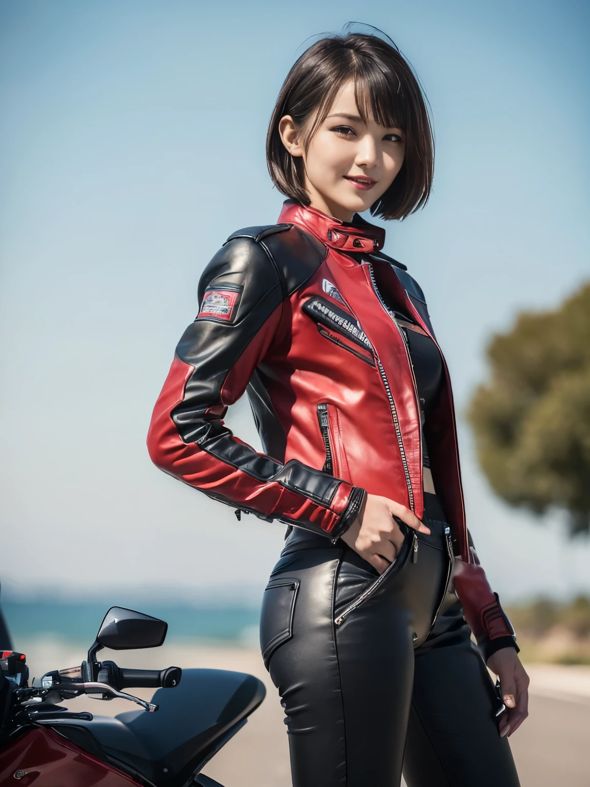 ((highest quality, 8K, masterpiece: 1.3)), sharp: 1.2, perfect body beauty: 1.4,(((Woman on motorcycle))),slender body,((Red long sleeve motorcycle jacket and black long pants)),Highly detailed face and skin texture,((full body shot)),Natural light,smile、short hair