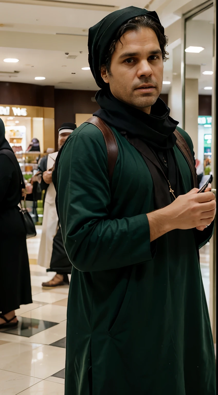 Mark Ruffalo dressed as Muslim clothing, olhar heroico, Facing the camera squarely, Mall shopping