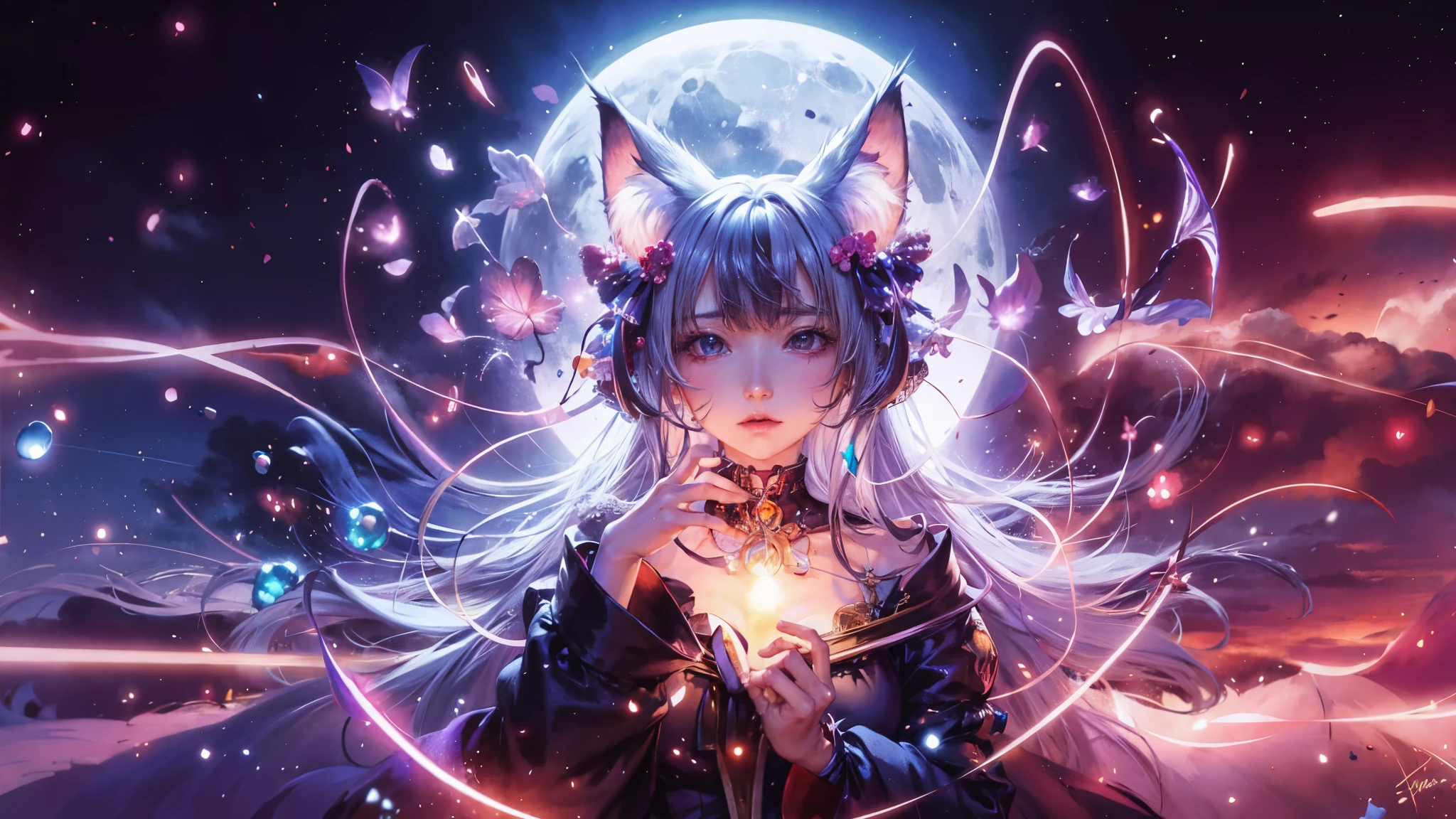 A woman with long hair and cat ears stands in front of the full moon。, anime style 4k, digital anime art, anime art wallpaper 4k, anime art wallpaper 4k, anime fantasy illustration, anime art wallpaper 8k, Beeple and Jeremiah Ketner, anime fantasy artwork, detailed digital anime art, fantasy art style, Beautiful anime cat girl