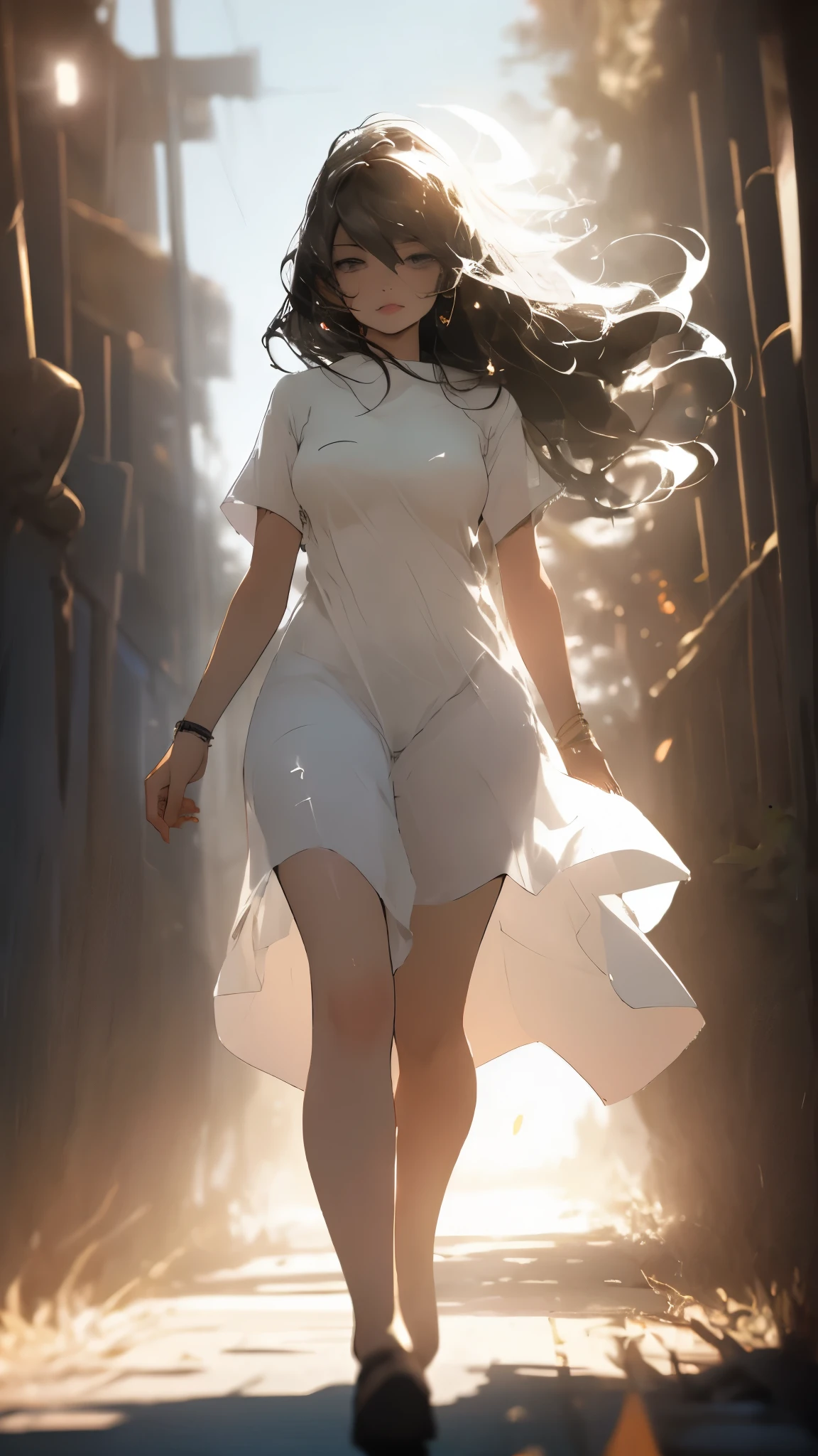 a girl, full body, sun glare, bokeh, depth of field, blurry background, light particles, strong wind, (partly nude), (mature woman)