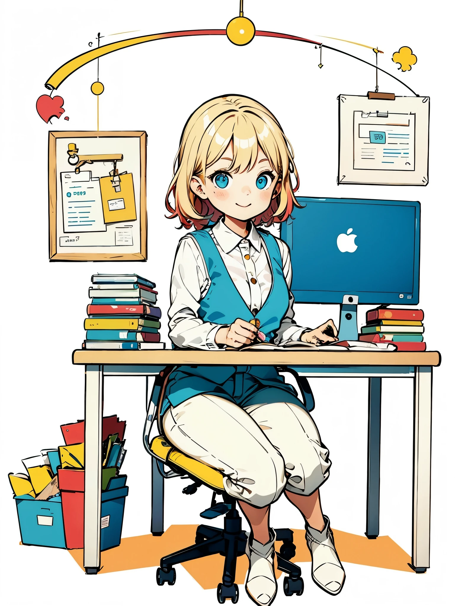 1 girl wearing white shirt and blue vest，Pants，sitting，working in an office，long hair，Smile，simple background