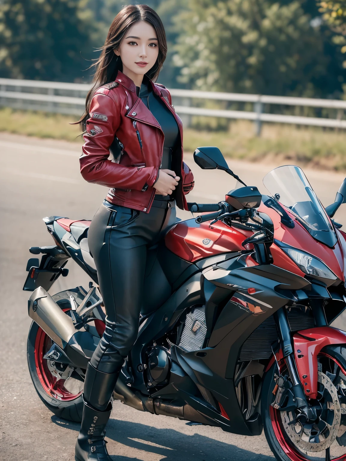 ((highest quality, 8K, masterpiece: 1.3)), sharp: 1.2, perfect body beauty: 1.4,(((woman riding a motorcycle))),slender body,((Red long sleeve motorcycle jacket and black long pants)),Highly detailed face and skin texture,((full body shot)),Natural light,smile、beautiful feet、Racing Boots