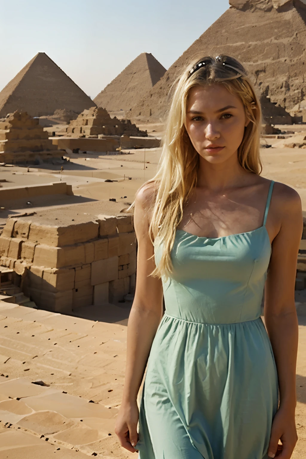 Girl 20 years old. in a dress. full length. costs. blonde hair. green eyes. against the backdrop of the Egyptian pyramids. Looks left and down