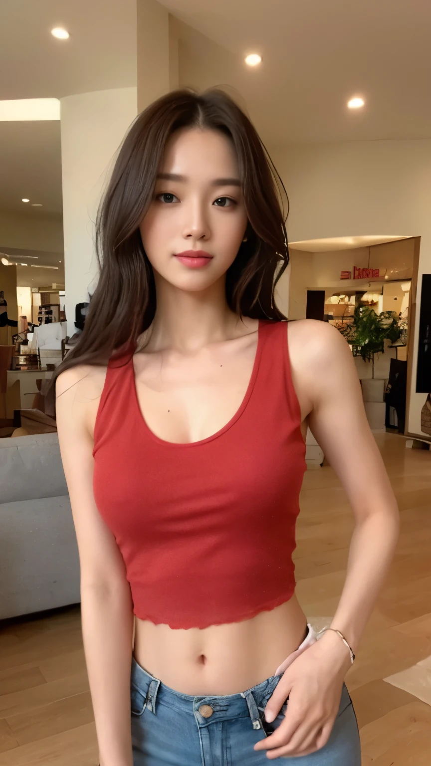 ((top-quality、8k、masterpiece:1.3))、Beautiful woman with perfect body:1.4、slim abdomen:1.2、Longhair, normal breast, Highly detailed facial and skin texture, A detailed eye, delicate eyes, double eyelid, (smile), (full body shot), ((shopping mall)), (standing), (((wearing red tank top with short pants))), looking in front