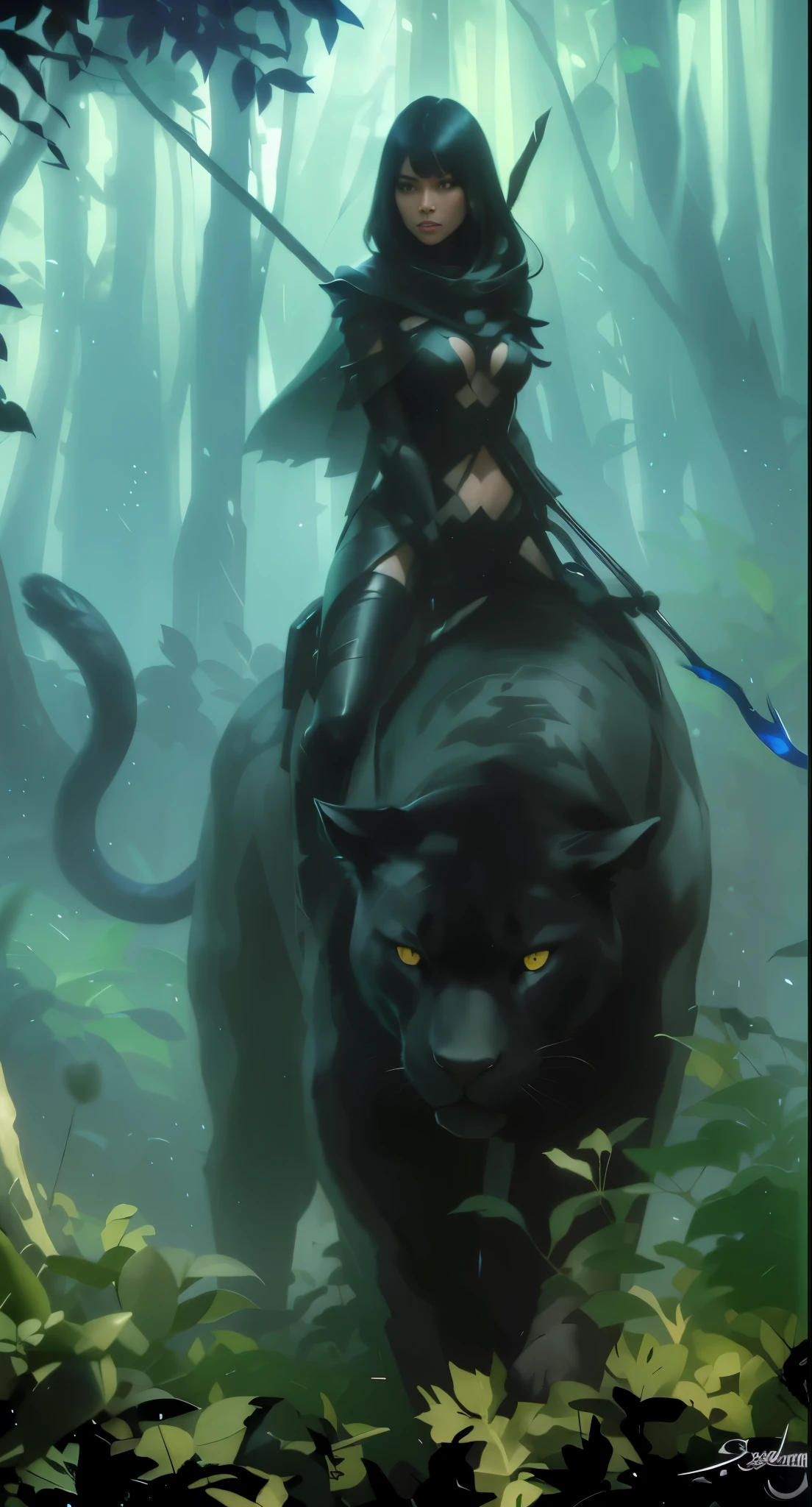 A mysterious figure with black hair, a beautiful lady, with perfect round straight eyes, and panther like movement, stealthily making her way through the dense jungle underbrush at night, Riding a natural looking fur coated black panther,  dark black shadows, extreme contrast, The only source of light comes from the glowing bioluminescence of moths and butterflies, creating an otherworldly atmosphere. The jungle path ahead is barely visible, illuminated only by the faint crescent moon in the sky. The level of detail and realism in this image, rendered in stunning 8k resolution, will leave you in awe., Masterpiece, photorealistic, perfect
