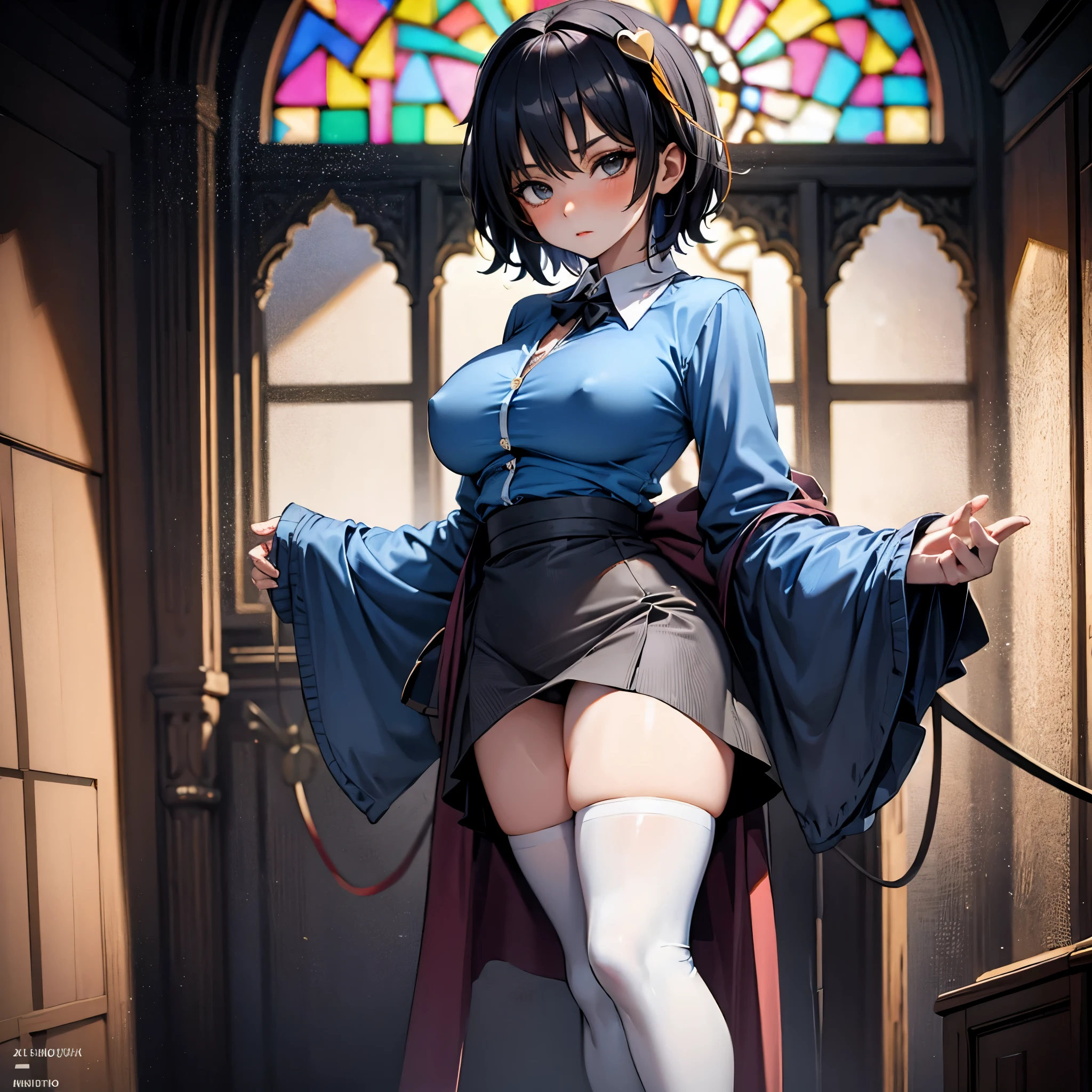 (Satori toho character:1.1), (solo), (standing), (stained glass), BREAK, short hair, (huge perky breasts), bursting breasts, (inconceivably thin waist:1.2), (very long legs), BREAK, (black blazer:1.3), (black thighhighs:1.3), (very short black high-waist skirt:1.3) cinches waist too tight, (highheels), BREAK, nose blush, BREAK, masterpiece, ultra-detailed, full body