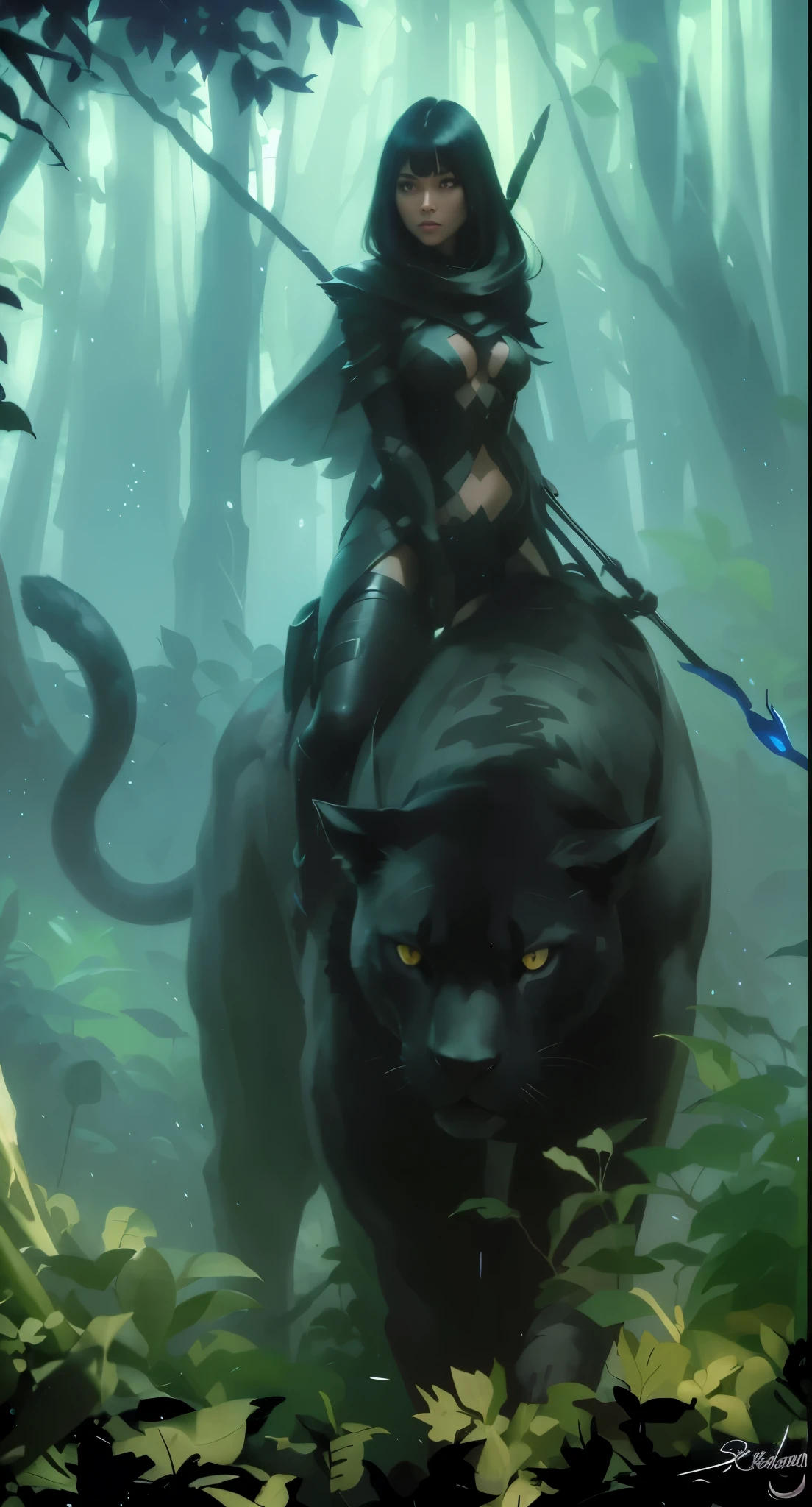A mysterious figure with black hair, a beautiful lady, with perfect round straight eyes, and panther like movement, stealthily making her way through the dense jungle underbrush at night, Riding a natural looking fur coated black panther, dark black shadows, extreme contrast, The only source of light comes from the glowing bioluminescence of moths and butterflies, creating an otherworldly atmosphere. The jungle path ahead is barely visible, illuminated only by the faint crescent moon in the sky. The level of detail and realism in this image, rendered in stunning 8k resolution, will leave you in awe., Masterpiece, photorealistic, perfect