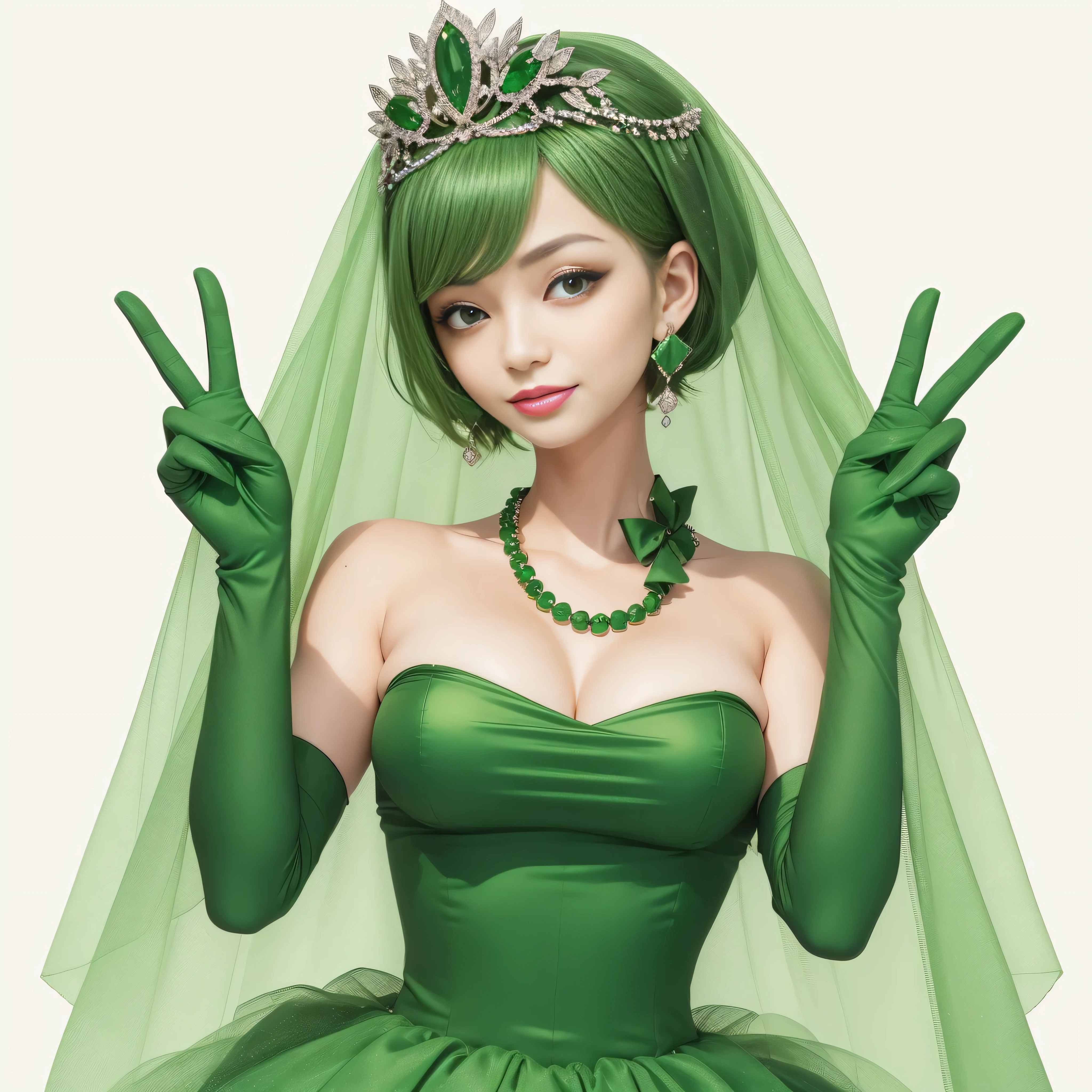 emerald tiara, green pearl necklace, boyish very short green hair, lipstick, smiling Japanese woman, very short hair, big breasts beautiful, green eyes, Long Green Satin Gloves, green eyes, V sign, emerald earrings, green veil, green lip gloss