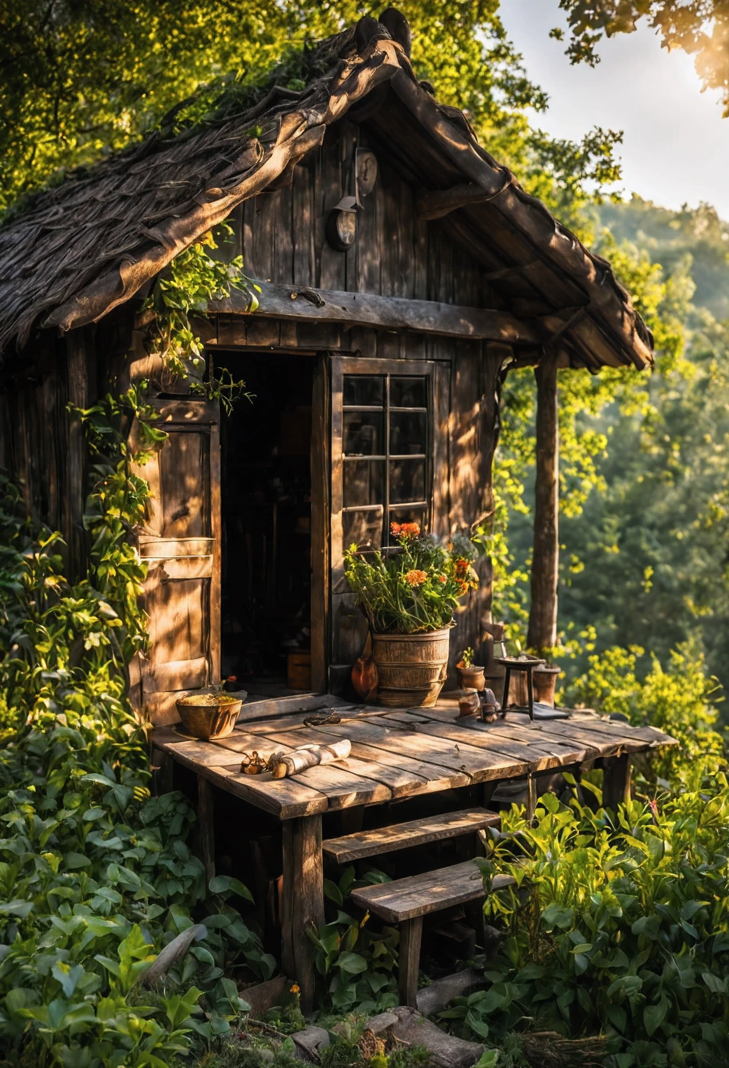 In the middle of the forest, amid the sound of birds, Gentle sunlight passes through the branches. Go down to a small hut surrounded by a lot of trees.. This cottage is neither big nor luxurious, But it has a simple charm.. The old wooden walls reflect the story of the passage of time.. Galvanized roofing sparkles when exposed to sunlight. The dark brown wooden door was closed.. Invite people to open their minds, touch their inner secrets..
GREEN VINES CREEPING AROUND THE WALLS OF THE COTTAGE RESEMBLE A NATURAL CURTAIN THAT ENVELOPS THIS SPACE.. Colorful wildflowers bloom, sending a sweet aroma inhaling the nose. What a beautiful and serene picture.. The sound of water flowing from a nearby stream periodically plays a soothing melody of nature..
inside the hut, Sunlight shines through the wooden channel. Bumps old wooden floors reveal scattered dust. On a wooden shelf lined with old books.. Small wooden table towering in front of the window. On the table there is a vase of wild flowers.. Full of simplicity but hidden in flavor. An old rattan chair placed next to the table invites you to sit reclining, relax, And let go of your worries..
This cabin is like an oasis in the woods.. It is a place that gives a warm feeling., safe and relaxed, A place to escape from the hustle and bustle of the outside world. Come to a peaceful natural world. It is a refuge for souls who desire peace..
In that silence, It's full of life.. The sound of birds, the sound of insects, the sound of flowing water, are all beautiful songs of nature.. This hut is therefore a poem of peace.. Poems that depict the beauty of nature, soothing poems and poems that invite people to experience the wonders of the natural world..