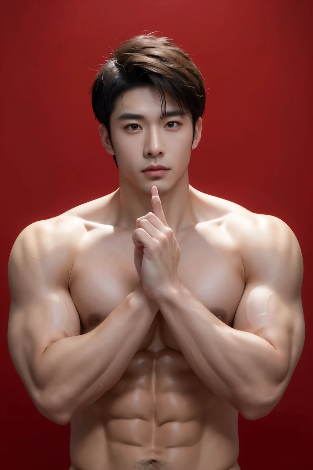 8k, masterpiece, original photography, best quality, lifelike, High-detail CG unified 8K wallpaper, depth of field, Light, 镜头Light晕, Light线追踪, scumbag face,masseter membrane、well built、1 male, (very strong and muscular body:1.3), (looking at the audience), (Firm look) :1.3),Asian、male、25 years old、Love young gay men、Topless、Light着膀子、Clench your hands into fists、Make a gesture of congratulations on getting rich、handsome man、muscular、Eye、short hair、Fade in and out、large size、Authentic texture、naked、Fitness trainer、Spring Festival scene、Chinese style big red background