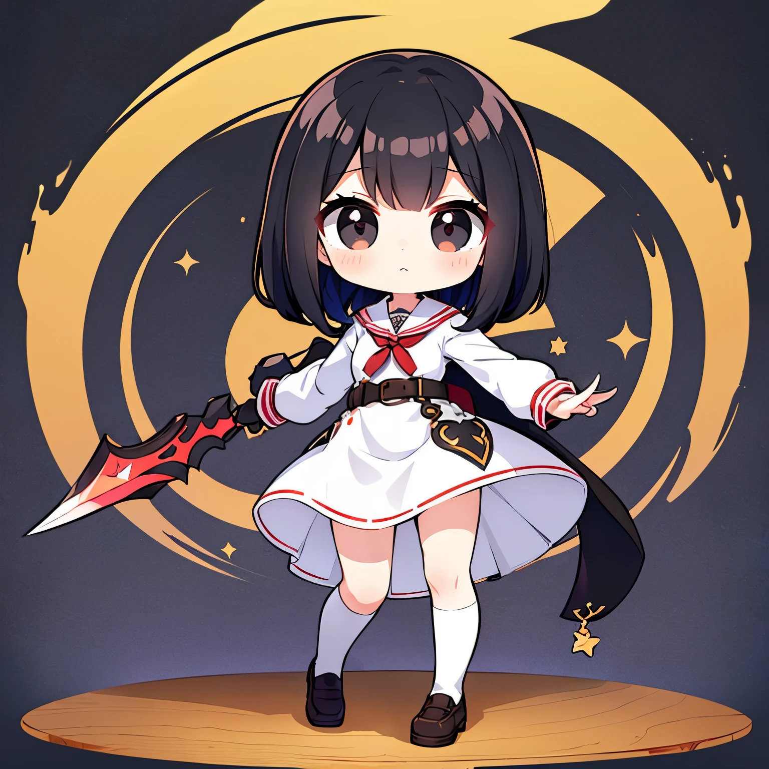 best quality, (chibi, super deformed, full body), cute expressionless woman, white, brown, and red magic school uniform, knee-high socks, wielding a wooden sword, (bobbed black hair, big black eyes:1.2)