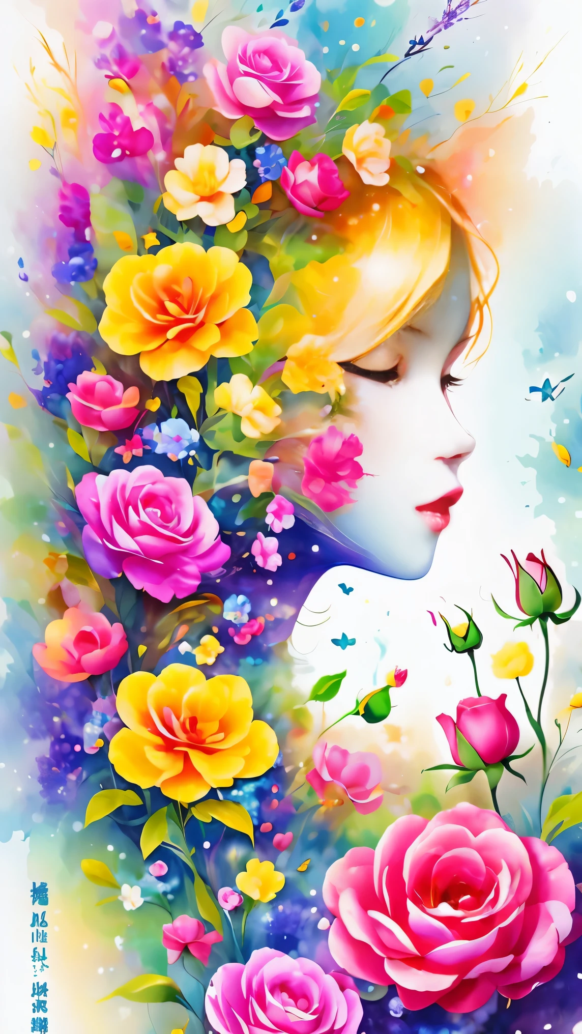 Logo text symbol representing the word "Rose少女", 创意font设计, font, Rose, 用Rose畫字母, Dynamic, colorful, level, (best quality, masterpiece, Representative Works, official art, professional, Ultra high detail, 8k:1.3)