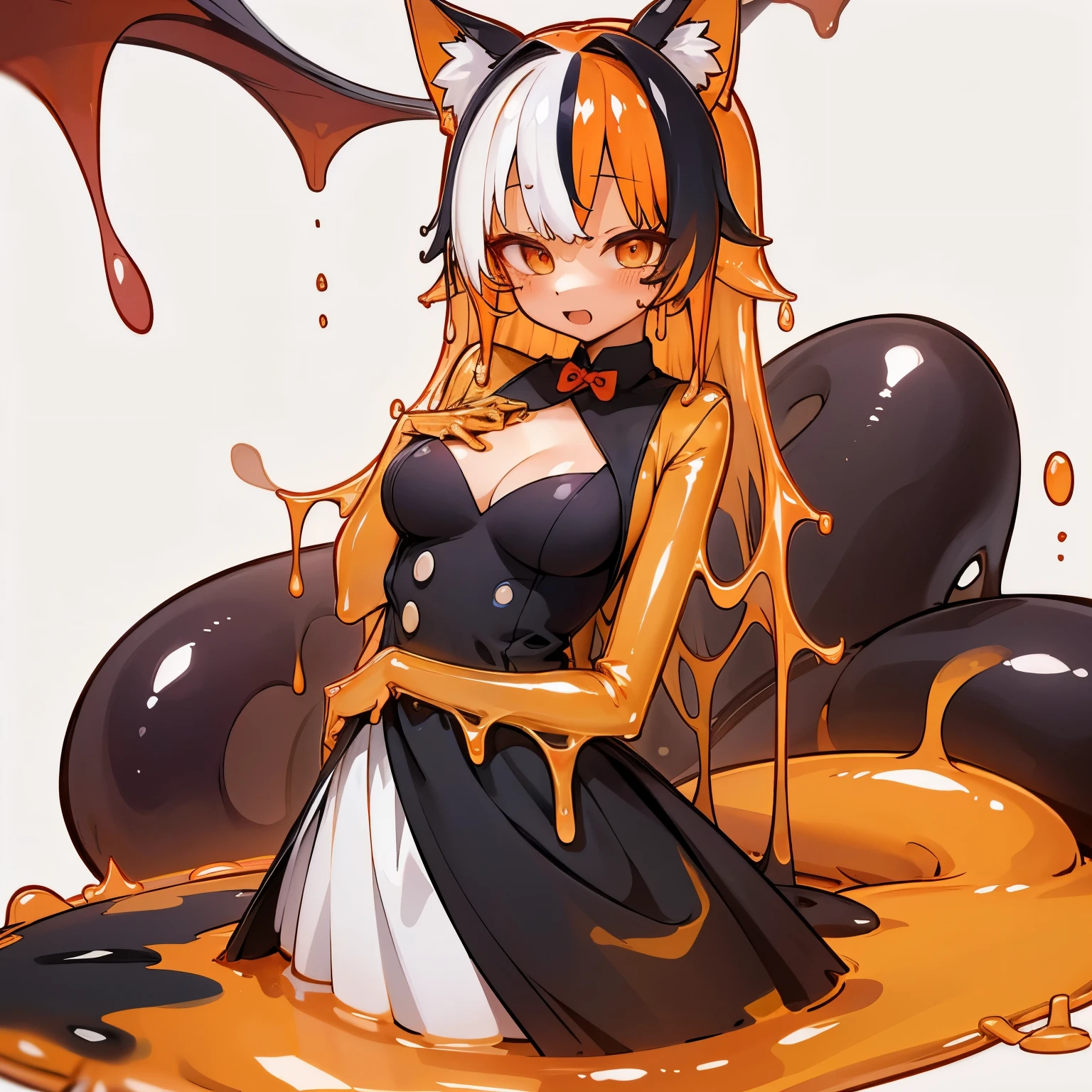 girl, anime, animal ears, animal tail, extra animal ears, simple background, white background, honey milk,dress, close mouth, closed suit, closed breast, parasite, multicolored hair, digital body, digital face,slug girl, slime on body, melting,16k,8k,spider legs,on dress, looking at viewers,dress