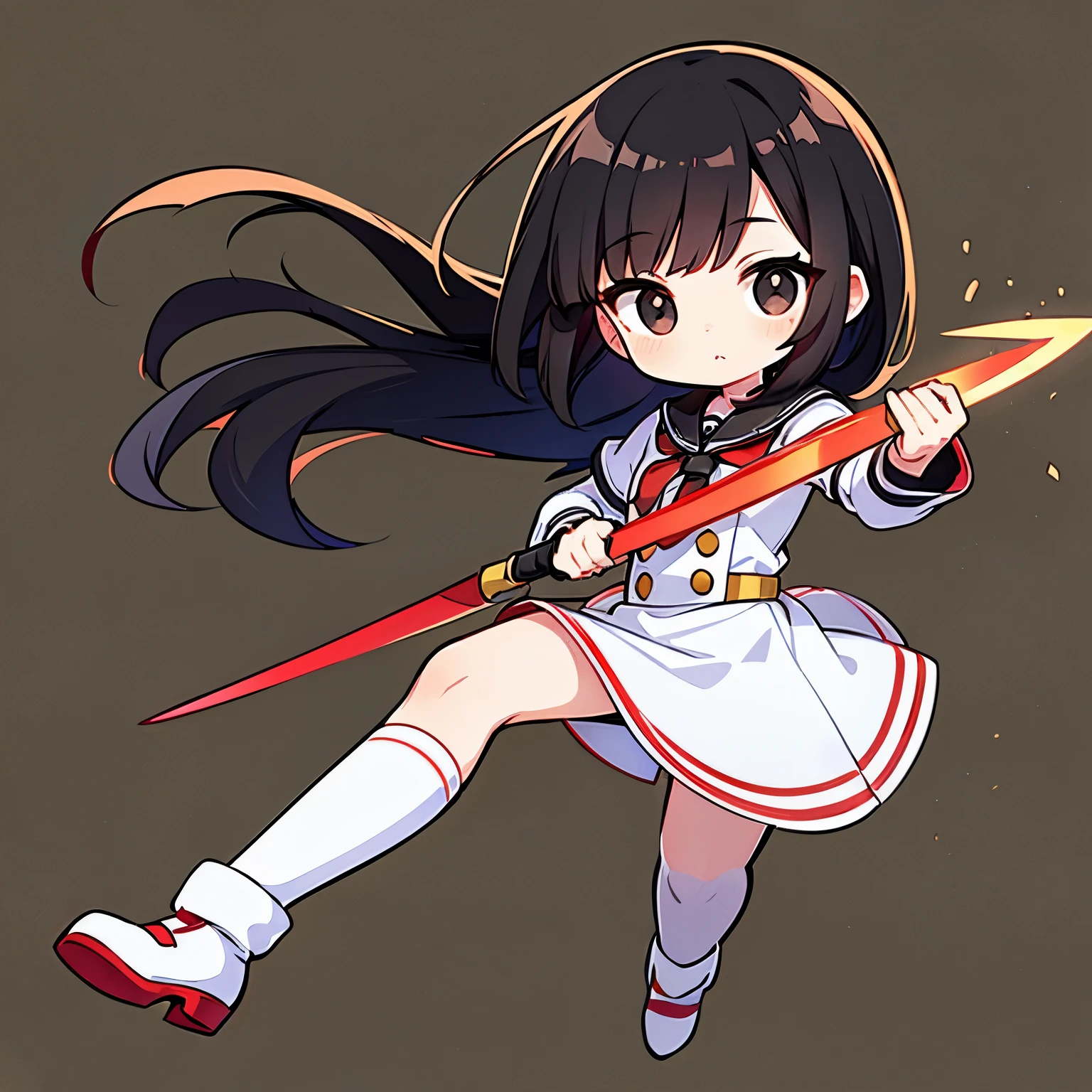 best quality, (chibi, super deformed, full body), cute expressionless woman, white, brown, and red magic school uniform, knee-high socks, wielding a wooden sword, (bobbed black hair, big black eyes:1.2)