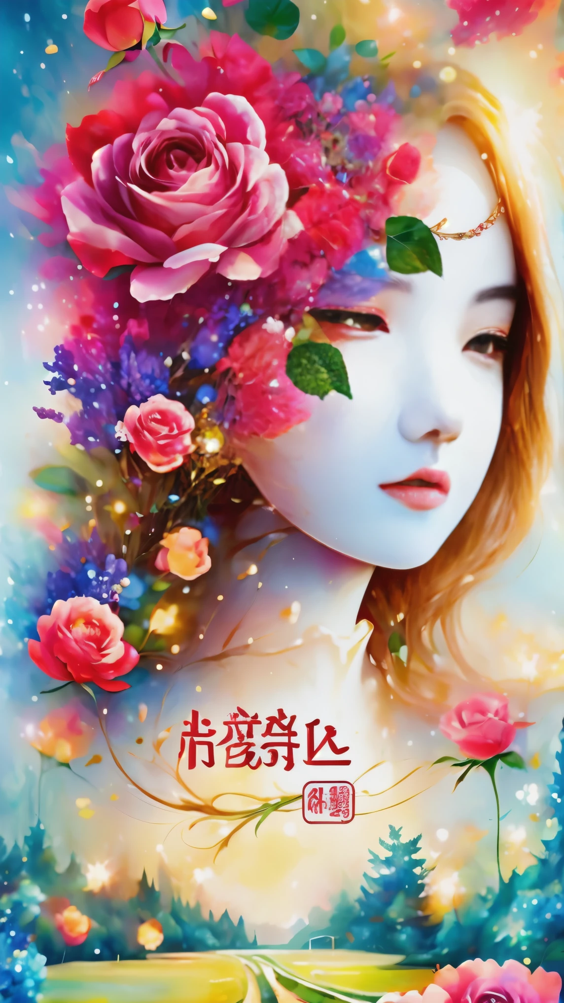 Logo text symbol representing the word "Rose少女", 创意font设计, font, Rose, 用Rose畫字母, Dynamic, colorful, level, (best quality, masterpiece, Representative Works, official art, professional, Ultra high detail, 8k:1.3)