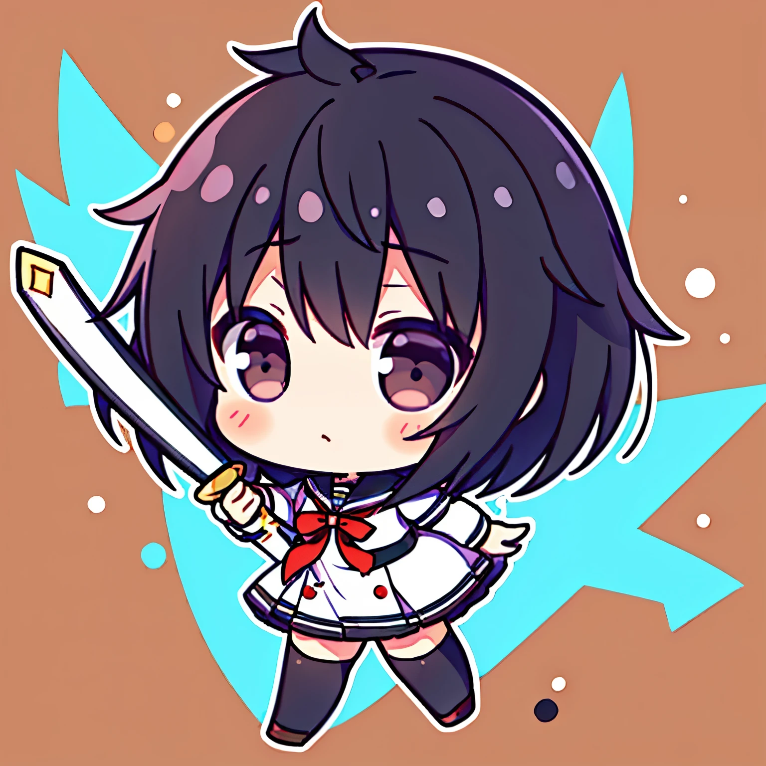 best quality, (chibi, super deformed, full body), cute expressionless woman, white, brown, and red magic school uniform, knee-high socks, wielding a wooden sword, (bobbed black hair, big black eyes:1.2)