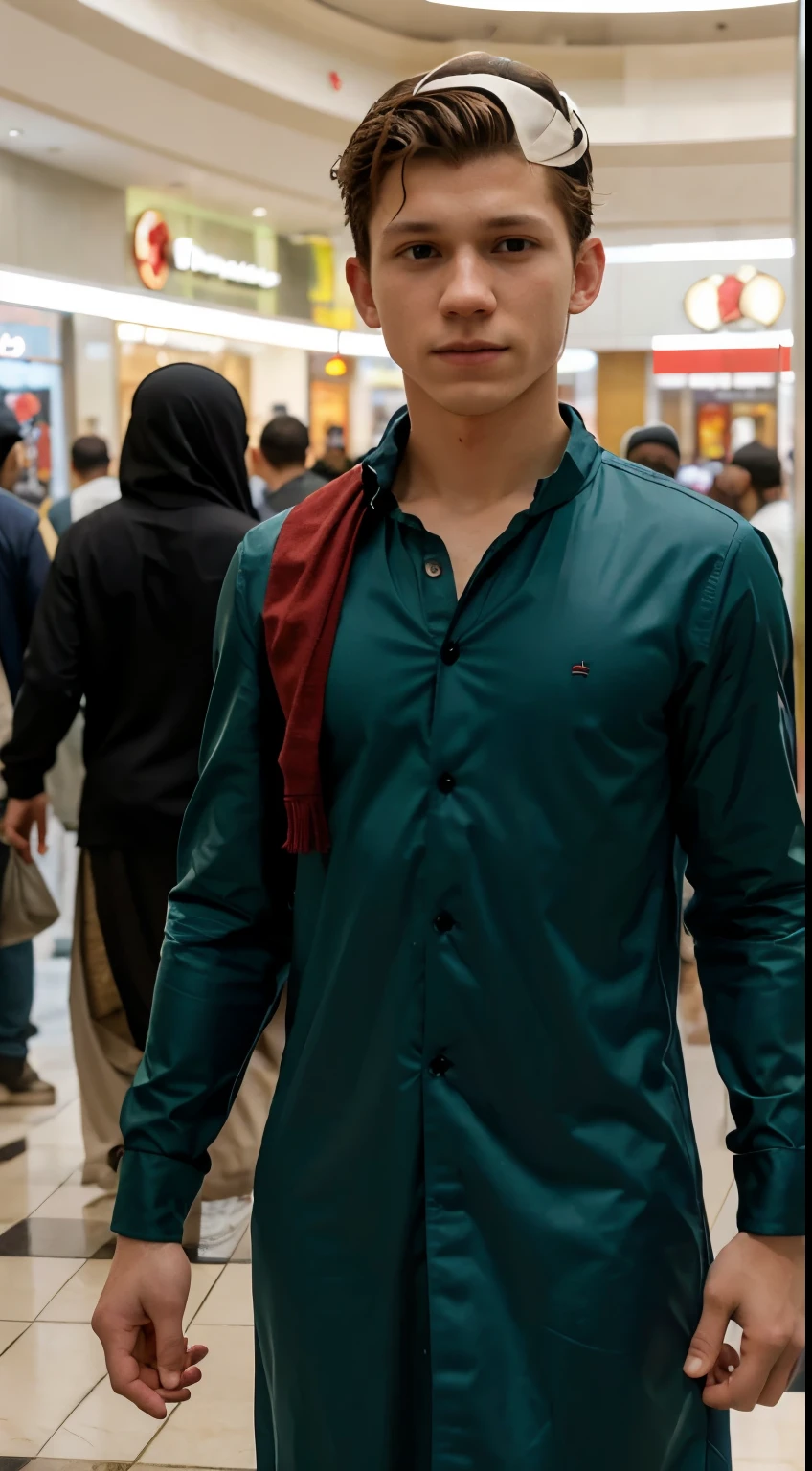 Tom Holland dressed as men's Muslim clothing, olhar heroico, Facing the camera squarely, Mall shopping