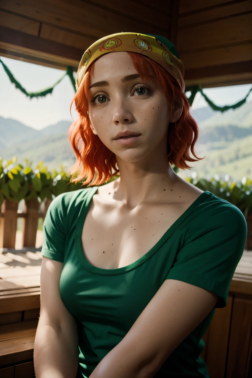 emilyrudd, nami, a woman with red hair an a green shirt wearing a bandana , Nami one piece, hot look, in bedroom, vegina, adult photo, vegina, nacked 