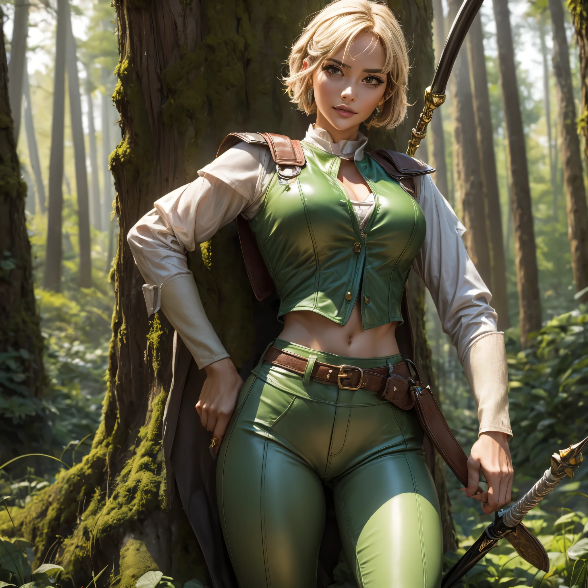 (best quality,4k,8k,highres,masterpiece:1.2),ultra-detailed, female ranger, short blond hair, spear, white shirt, green leather vest, green trousers, brown boots, A-cup, in the woods, AIKA, HDR, 8k, absurdres, cinestill 800, sharp focus, add_detail:2, (solo, woman)