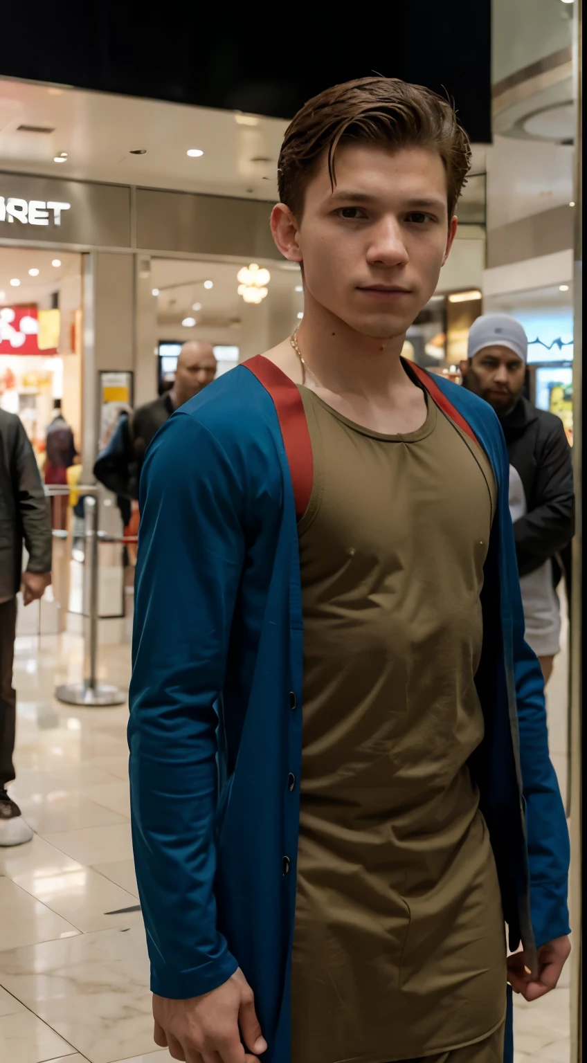 Tom Holland dressed as men's Muslim clothing, olhar heroico, Facing the camera squarely, Mall shopping