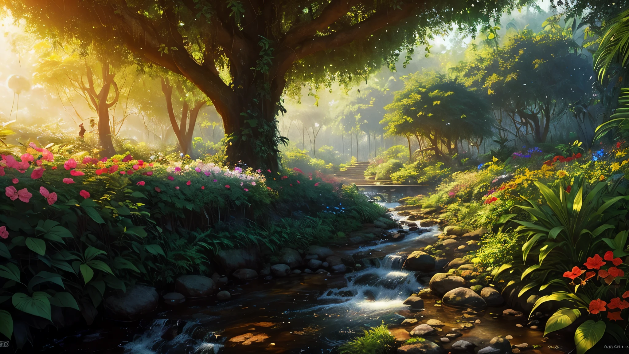 A jungle, sunny, colorful, vines, big trees, fruit trees, a stream with flowers on its edge, masterpiece, best quality, high quality, extremely detailed 8k CG wallpaper, oil painting, award-winning photography, Bokeh, Depth of Field, HDR, bloom, chromatic aberration, photorealistic, extremely detailed, trend in artstation, trend in CGsociety, intricate, high detail, dramatic, art in the middle of the journey, volumetric lighting. Image size: 960 x 536