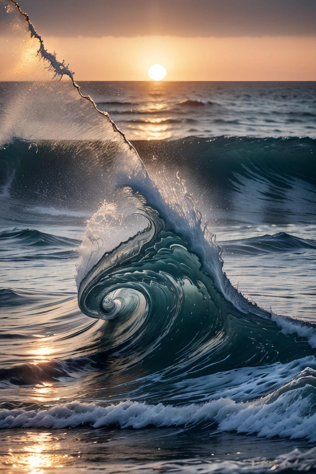 (RAW style, masterpiece, best quality, ultra-detailed), Japanese waves crashing against the shore, golden hour lighting, serene and tranquil, film grain texture, cinematic long exposure, sunset hues, ultra high resolution, intricate water texture, hyper-realistic, capturing every fluid detail, soothing tones, mesmerizing swirls, insanely detailed, soft cinematic light, ((((cinematic look)))), capturing the essence of nature's beauty.