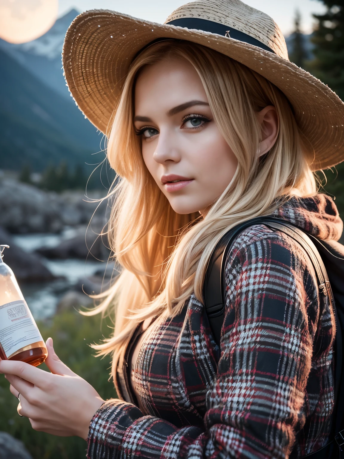 attractive nordic woman, shy, ((upper body selfie, innocent)), masterpiece, best quality, ultra-detailed, solo, outdoor, (night), mountains, nature, (stars, moon) , backpack, sleeping bag, camping stove, water bottle, country boot, country hat, red plaid shirt long sleeve open, lantern, forest, rocks, river, wood, smoke, shadows, contrast, clear sky, style, (warm hue, warm tone: 1.2), close-up, cinematic light, side lighting, ultra high resolution, best shadow, RAW, upper body, wearing lingerie, seductive look, huge breasts, 4k, open neckline, sexy