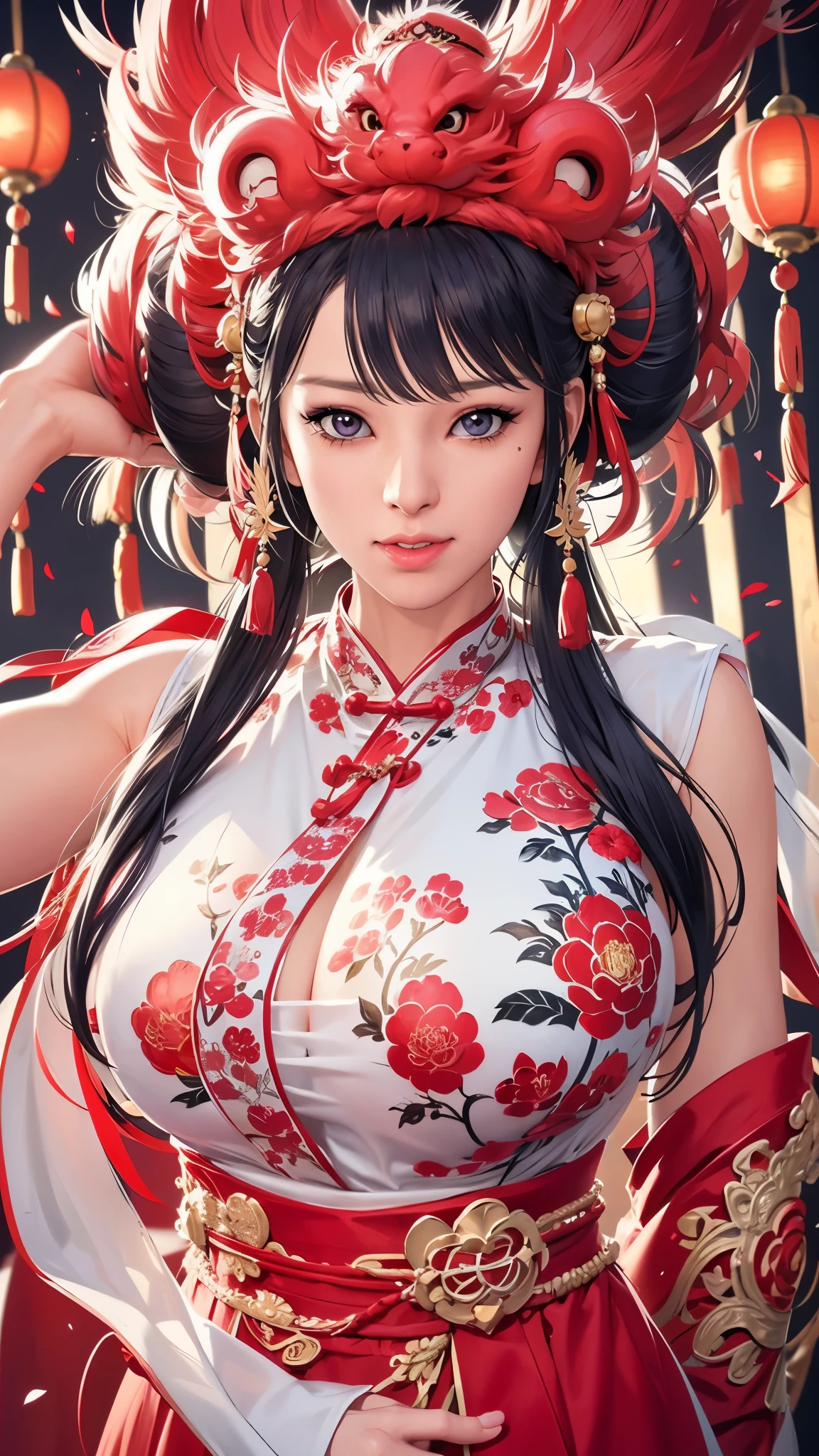 (((完美figure,figure,red hanfu,Winter Hanfu,Chinese clothes,red clothes,red background,dragon,(Chinese fabric:1.2), hanfu, Dragon and girl,dragon帽兜,xuer lion head,Dragon,long hair,black hair,hair accessories,Chinese clothing,lantern,Oriental Dragon,(((ailisha,Brown pupils,1girl,solo,long black hair,Exposing bangs ))),(((wide hips))),S型figure:1.7))),((masterpiece)),high resolution, ((Best quality at best)),masterpiece,quality,Best quality,((( Exquisite facial features,looking at the audience,There is light in the eyes,blush,shy,Happy,laughing out loud))),(((Light and shadow interlace,huge ))),(((looking into camera,坐在dragon上)))