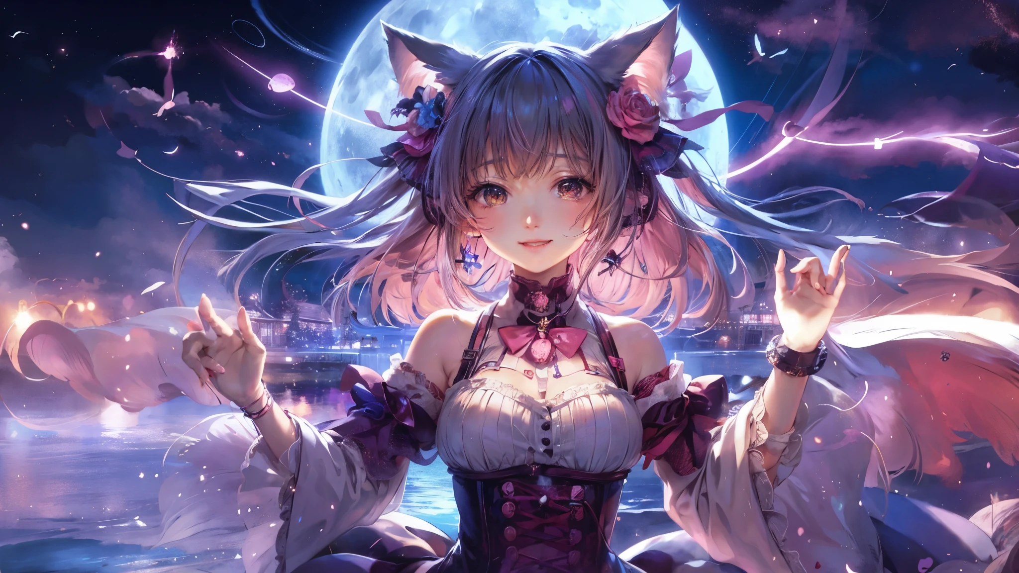 anime girl with cat ears and a pink dress in front of a full moon, very beautiful anime cat girl, Nightcore, beautiful anime cat girl, anime style 4k, anime girl with cat ears, cute anime cat girl, smile, anime art wallpaper 4k, anime art wallpaper 4k, anime wallpaper 4k, anime wallpaper 4k