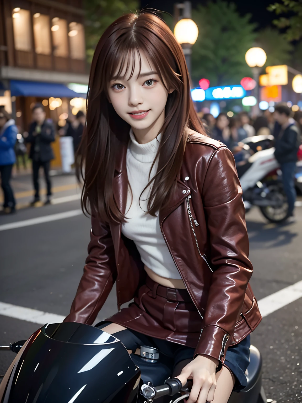 ((best quality)), ((masterpiece)), ((perfect face))、（detailed ）、Detailed and clear photos、((riding a motorcycle))、slender body、smile、Maroon hair、long sleeve jacket