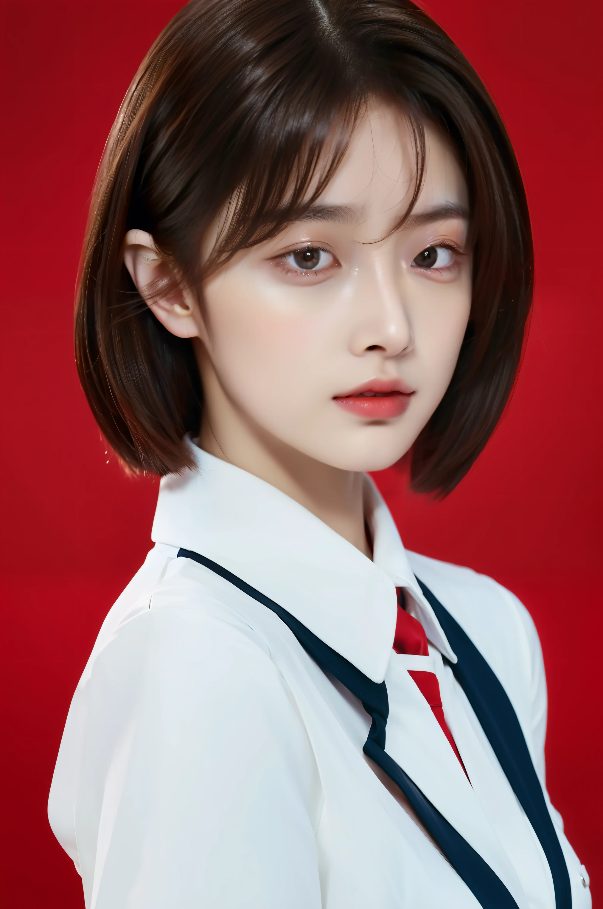 Best quality, High details, high resolution, HD, 16k,Close-up photo of shoulder length short brunette girl in suit uniform, ultraclear, Flawless and delicate face, Truly delicate skin, big breasts beautiful, Delicate and clear eyes, Look at the screen, Simple, (simple red background)