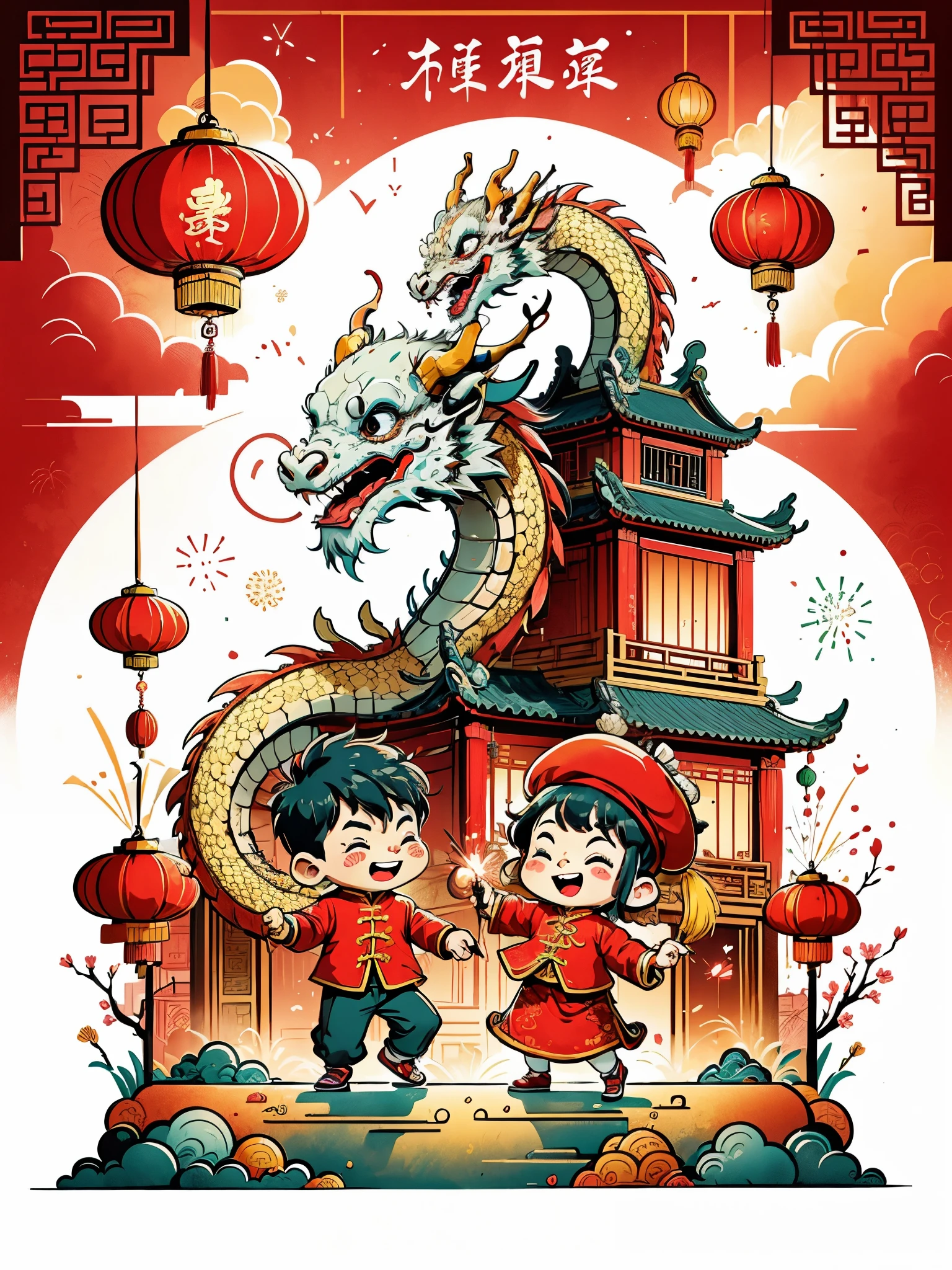 CNY, 1boy，chibi，Chinese dragon，fireworks, lantern, couplets, firecracker, red envelopes, Chinese rural architecture, festive, colorful, Chinese traditional clothing, Spring Festival decoration, Traditional cultural elements, Town Square，Ultra-high saturation，colorful的, bright，Cartoon vector style, Change， Flat anime style, Cartoon minimalism, Flat vector art, flat illustration, Cartoon Cute