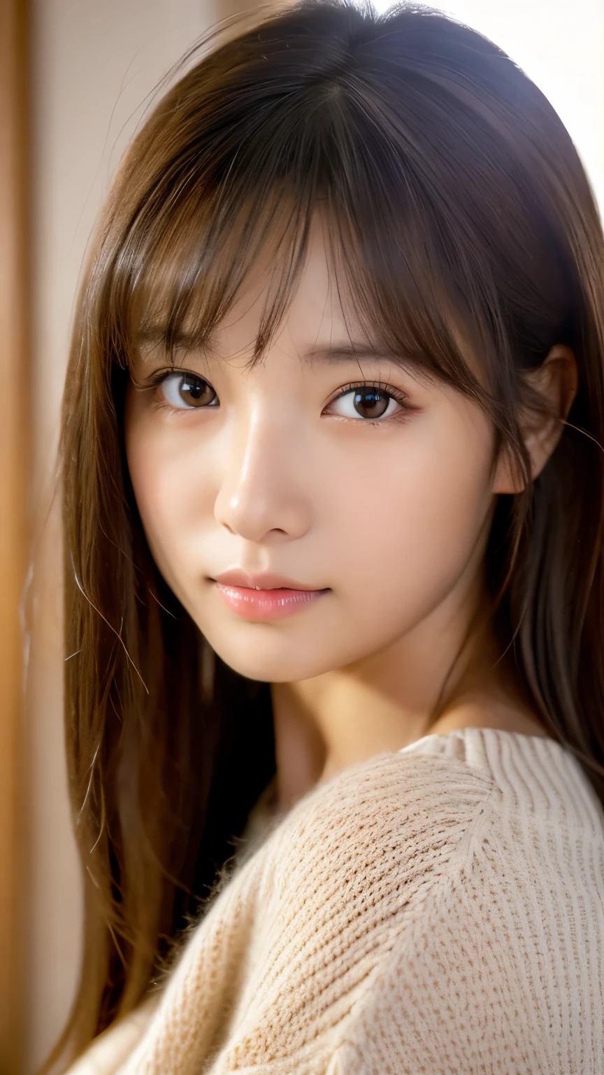 best quality, face focus, soft light, ultra high res, (photorealistic:1.4), RAW photo,
1japanese girl, solo, cute, (pupil, lights in the eyes), detailed beautiful face, (),(high resolution detail of human skin texture),
(long hair),
indoor,
wearing a sweater