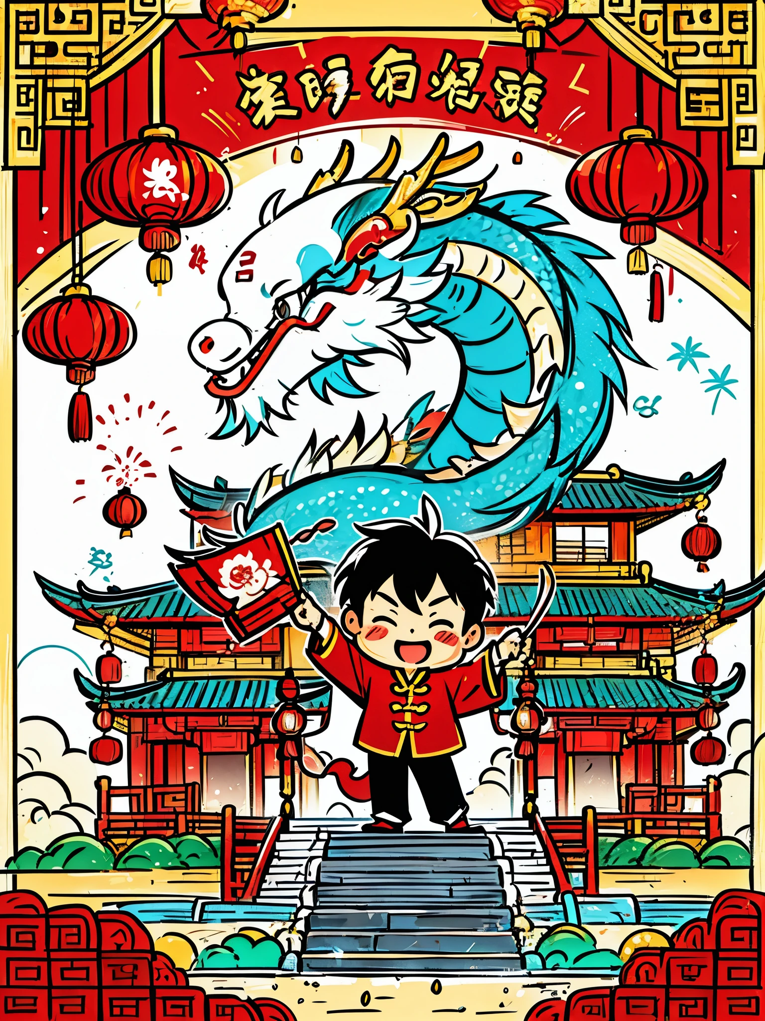 CNY, 1boy，chibi，Chinese dragon，fireworks, lantern, couplets, firecracker, red envelopes, Chinese rural architecture, festive, colorful, Chinese traditional clothing, Spring Festival decoration, Traditional cultural elements, Town Square，Ultra-high saturation，colorful的, bright，Cartoon vector style, Change， Flat anime style, Cartoon minimalism, Flat vector art, flat illustration, Cartoon Cute