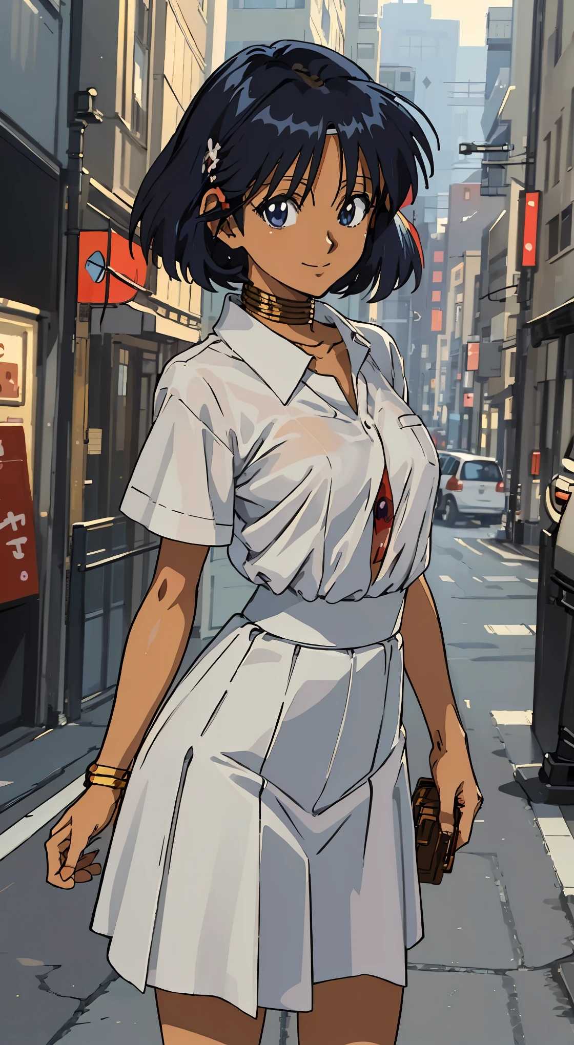 ((masterpiece, best quality illustrations)),(((extremely detailed anime:1.5))),cowboy shot,1woman,solo,20 year old beauty、nadia la arwall:1.2,focus face,smile,ideal ratio body proportions,slender  body,medium breasts,short cut hair,(dark skin:1.2),oliy skin,standing,Casual clothing、White shirt with collar、short sleeve、white pleated skirt、micro mini skirt、bustling street、Tokyo、