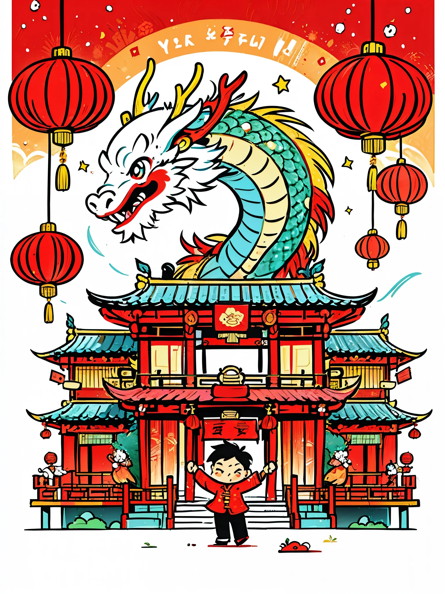 CNY, 1boy，chibi，Chinese dragon，fireworks, lantern, couplets, firecracker, red envelopes, Chinese rural architecture, festive, colorful, Chinese traditional clothing, Spring Festival decoration, Traditional cultural elements, Town Square，Ultra-high saturation，colorful的, bright，Cartoon vector style, Change， Flat anime style, Cartoon minimalism, Flat vector art, flat illustration, Cartoon Cute