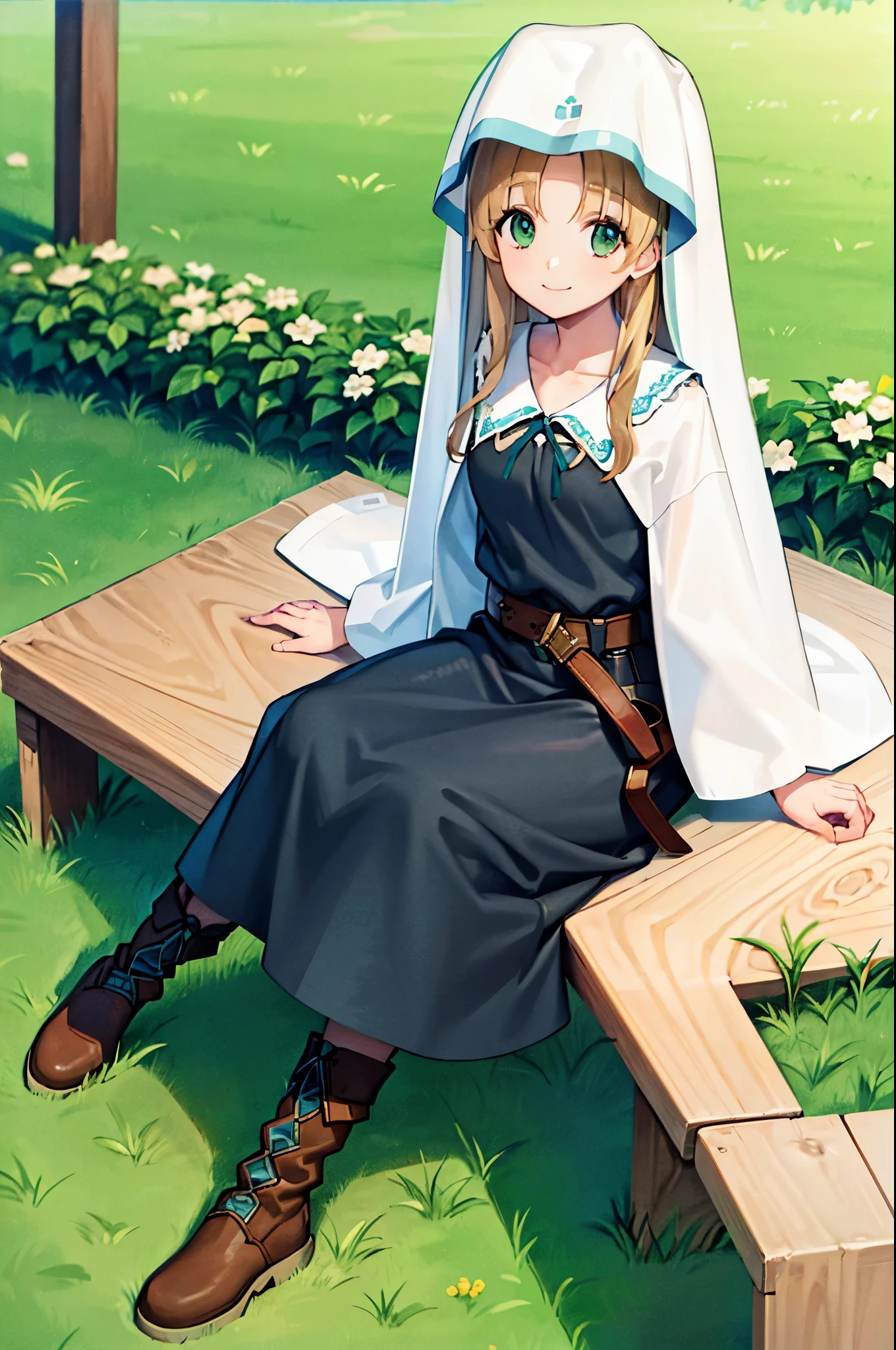 masterpiece,best quality,highres,ultra-detailed,bbasia,long hair,nun,green dress,long dress,long sleeves,belt,long skirt,boots,outdoors, bench, sitting, smile,
