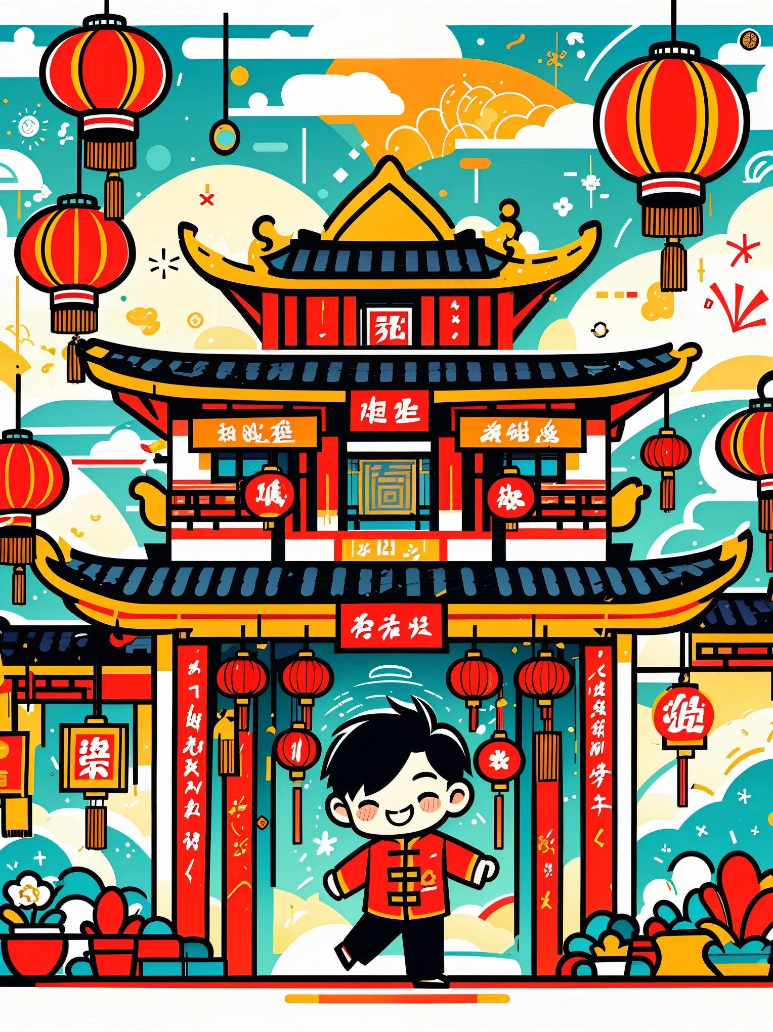 (masterpiece, best quality:1.2), vitality, joy, vector style, illustration, CNY, caishen，1boy，chibi，solo，fullbody，facial hair，beard, fireworks, lantern, couplets, firecracker, red envelopes, Chinese rural architecture, festive, colorful, Chinese traditional clothing, Spring Festival decoration, Traditional cultural elements, Town Square，Ultra-high saturation，colorful的, bright，simple lines