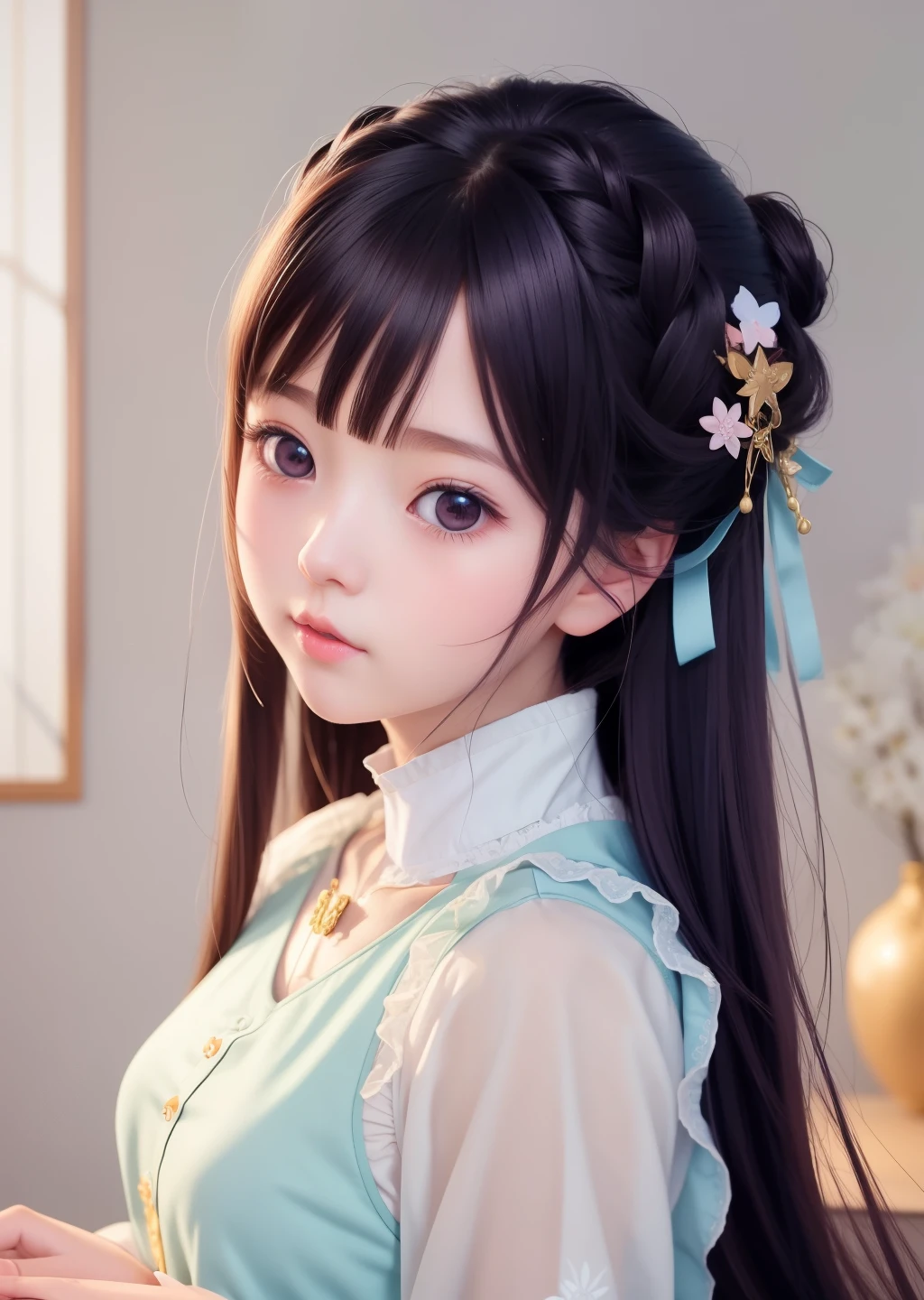 There is a cartoon in a dress, China dress, Hanbok apron, chinese costume, traditional chinese costume, Close-up - view, Hanbok, wearing ancient chinese costume, with ancient chinese costume, palace, girl in hanfu, white hanfu, China dress, wearing pink flowers, shadow room, light edge, two-tone lighting, (high detail skin: 1.2), 8K uhd, Digital single-lens reflex camera, soft light, high quality, volume lighting, Sneak a peek, photograph, High resolution, 4k, 8K, background bokeh