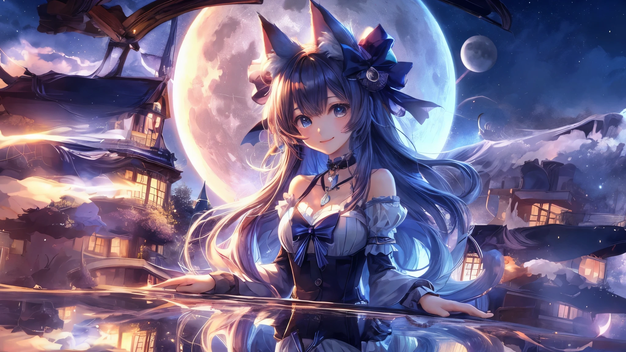 Anime girl with long hair and cat ears standing in front of the full moon, Nightcore, smile、very beautiful anime cat girl, anime style 4k, anime girl with cat ears, anime art wallpaper 4k, anime art wallpaper 4k, Beautiful anime cat girl, anime wallpaper 4k, anime wallpaper 4k, 4k anime wallpaper, anime art wallpaper 8k