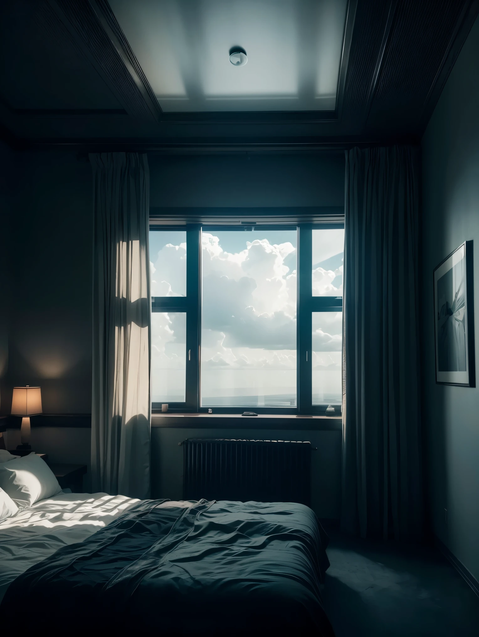 In a dimly lit room, by the window a vast expanse of clouds stretches out against the backdrop of a radiant sky. The play of light and shadow creates a cinematic atmosphere, casting dramatic hues throughout the scene. The underexposed setting enhances the mysterious mood, leaving the viewer captivated by the enchanting interplay between darkness and light.