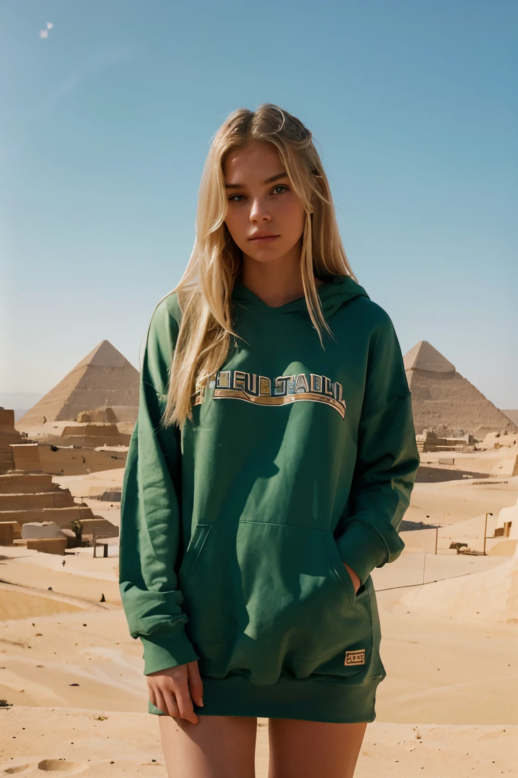 Girl 20 years old. . in a sweatshirt. full length. costs. blonde hair. green eyes. against the backdrop of the Egyptian pyramids. Looks left and down