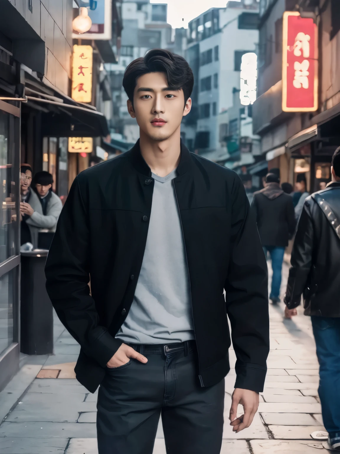 arafed man in a black jacket and jeans standing on a sidewalk, inspired by Zhang Han, south korean male, jinyoung shin, kim doyoung, cai xukun, male ulzzang, jung jaehyun, ryan jia, a handsome man，black short hair, handsome chad chin, by Zhang Han, yanjun chengt, inspired by Zhou Chen