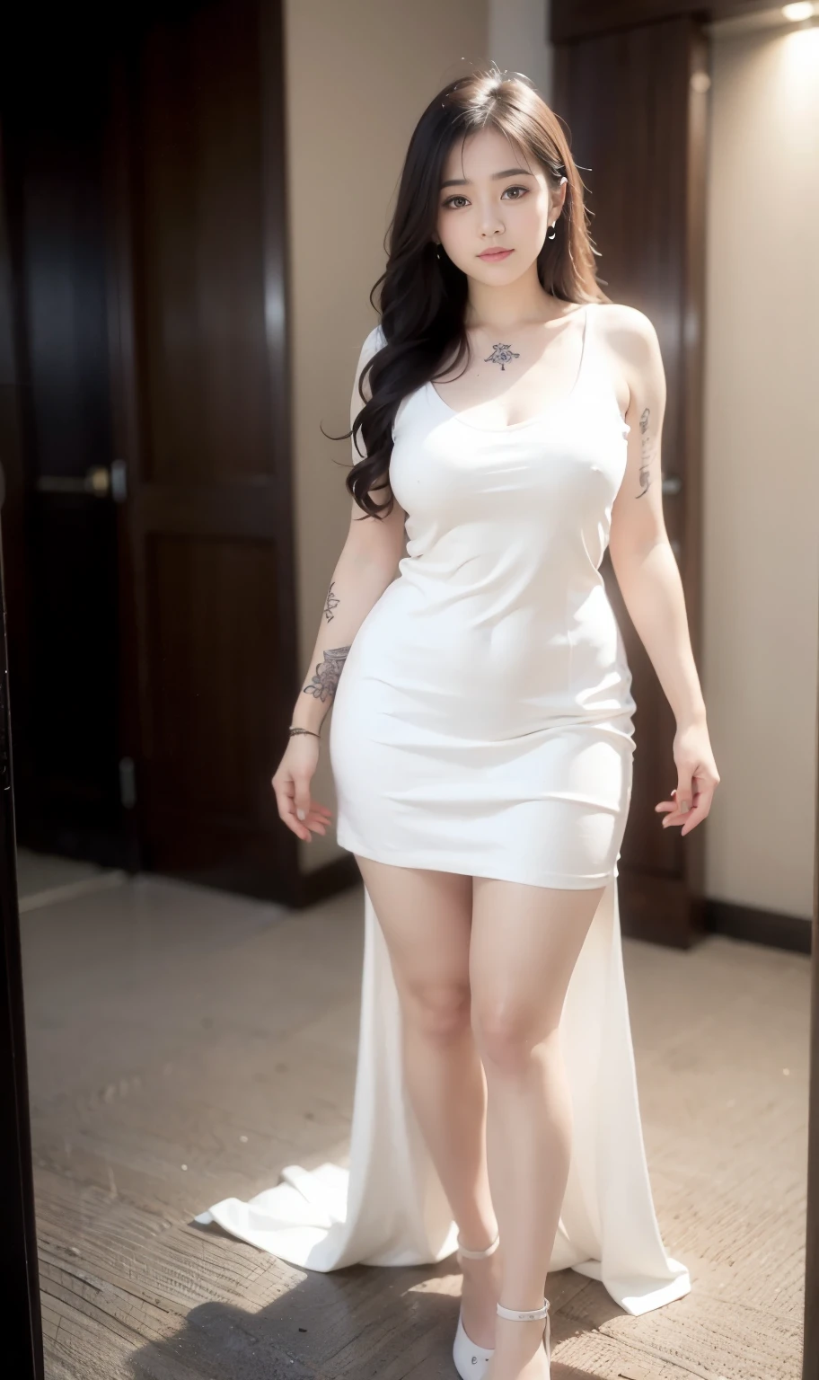 araffe woman in a white dress posing for a picture, wearing a cute white dress, curvy model, dressed in a beautiful white, wearing a wet white short dress, curvy hourglass figure, sexy dress, wearing white dress, thicc, beautiful full body shot, soft curvy shape, a beautiful woman in white, in a dress, bbwchan, ((Detailed texture of tattooed skin)), tattoo round breasts, irezumi tattoo style, tattoo on breasts, tttattoo, showing her thigh , tattoo on thigh, a close up of a woman with tattoos on her body, inked, tattooed body, fully tattooed body, tattooed, full-body tattoos, full - body tattoos, , full body tattoo, with tattoos, , tattoos, tattoos all over the skin, tattoos and piercings, ((Neka: 0.45)) LoRA, {{大哥的纹身女人 Iremuzi tattoo style}}
