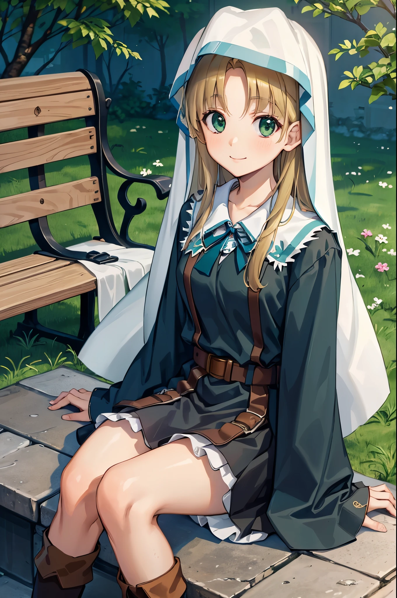 masterpiece,best quality,highres,ultra-detailed,bbasia,long hair,nun,green  dress,long dress,long sleeves,belt,long skirt,boots,outdoors, bench, sitting, smile,