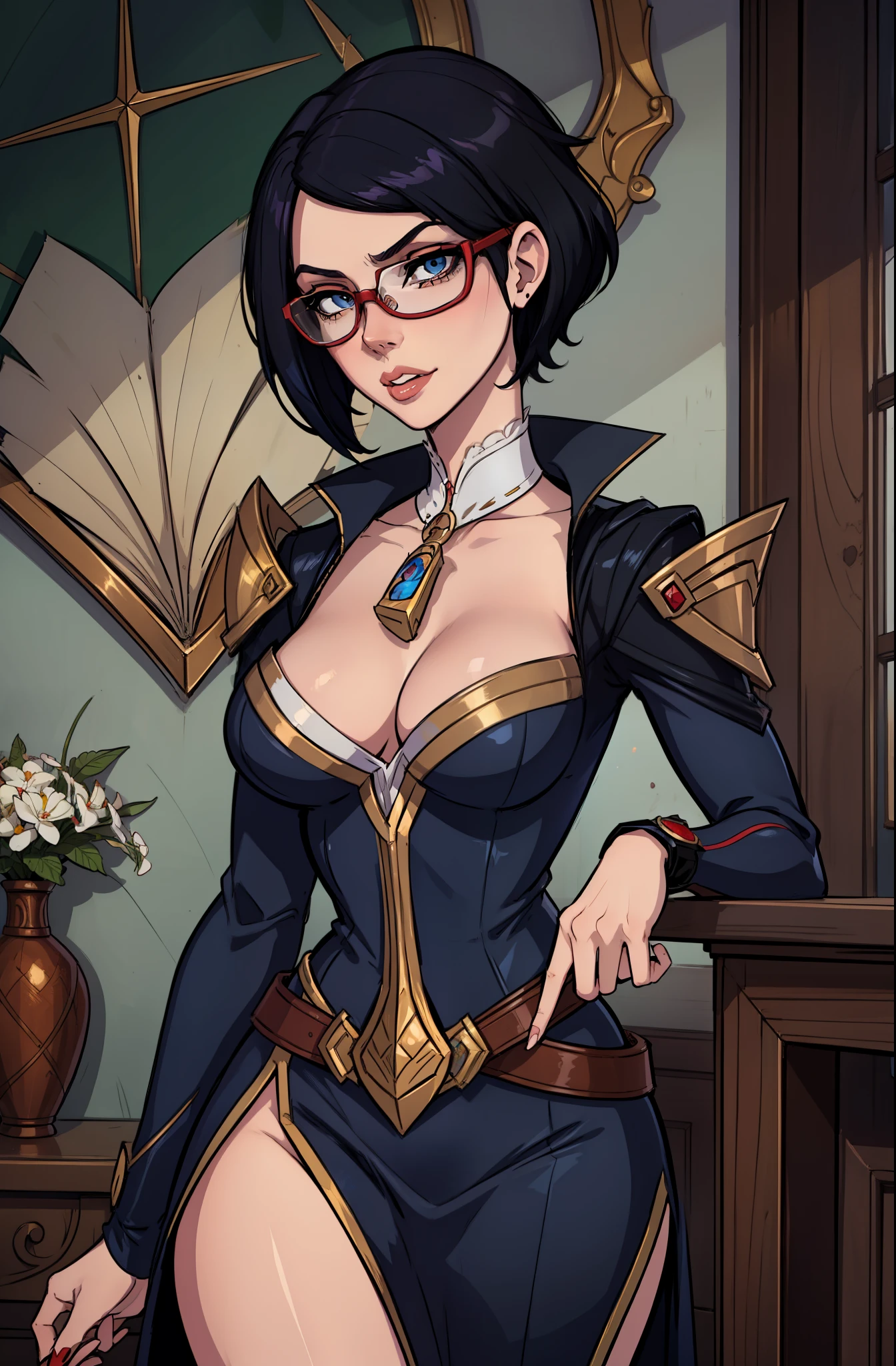 masterpiece, best quality, female, face portrait, beautiful, teacher, headmistress, glasses, headmistress Fiora, fiora, bobcut, black hair with red bang, blue eyes, bayonetta