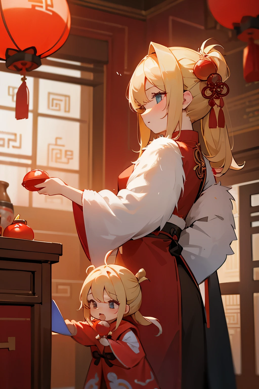 Blonde girl decorates the house with her daughter for Chinese New Year, red balls, winter, 4k, overall plan, Ultra-Quality